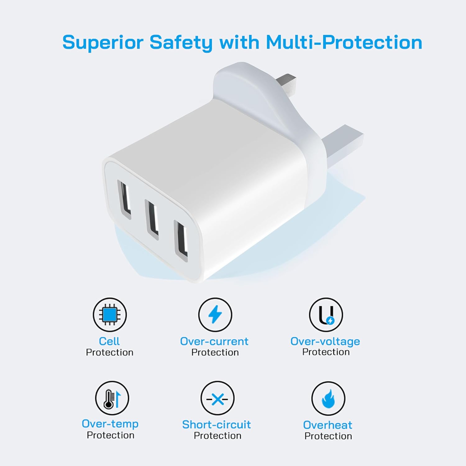 Detalle 2 de 3 Pack UK Plug USB Wall Charger with 3 Ports (White-3P) – Multi-Device Fast Charging Adapter