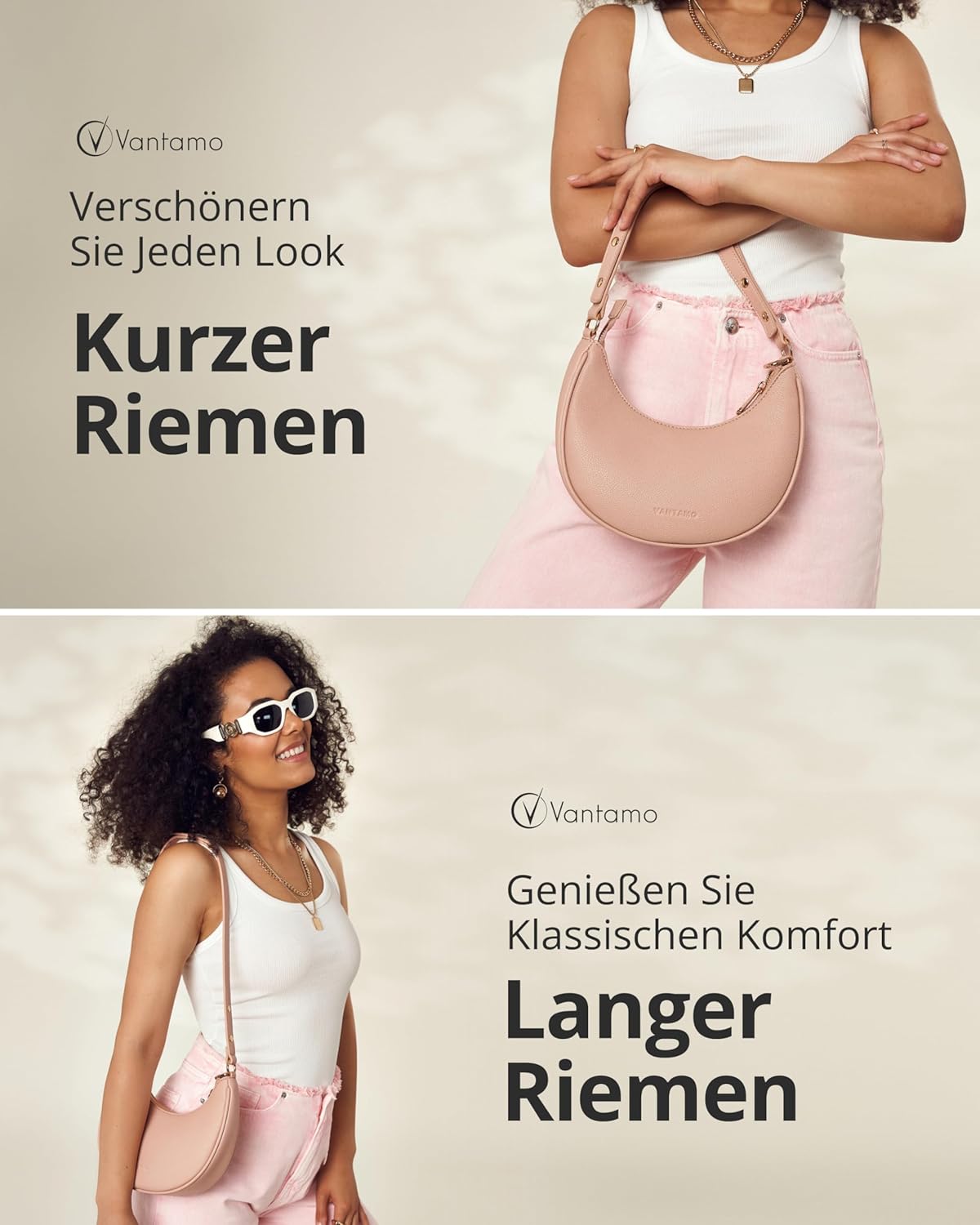 Detalle de Halbmondtasche für Damen – Halbmondtasche aus veganem Leder mit RFID-Schutz und verstellbarem Schultergurt