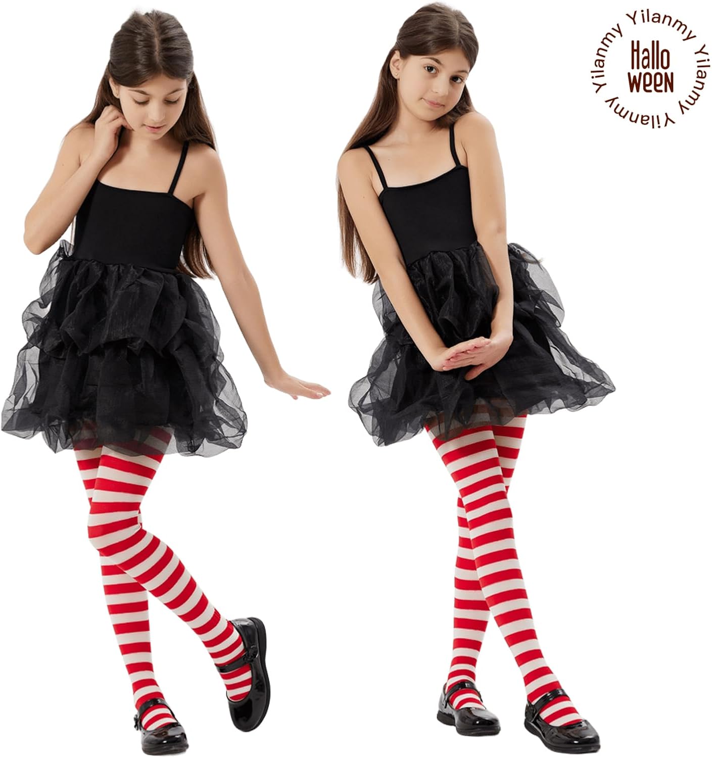 Detalle de Yilanmy 2 Pairs Children’s Striped Tights (Full Footed) for Girls, Red & White Stripe Styles