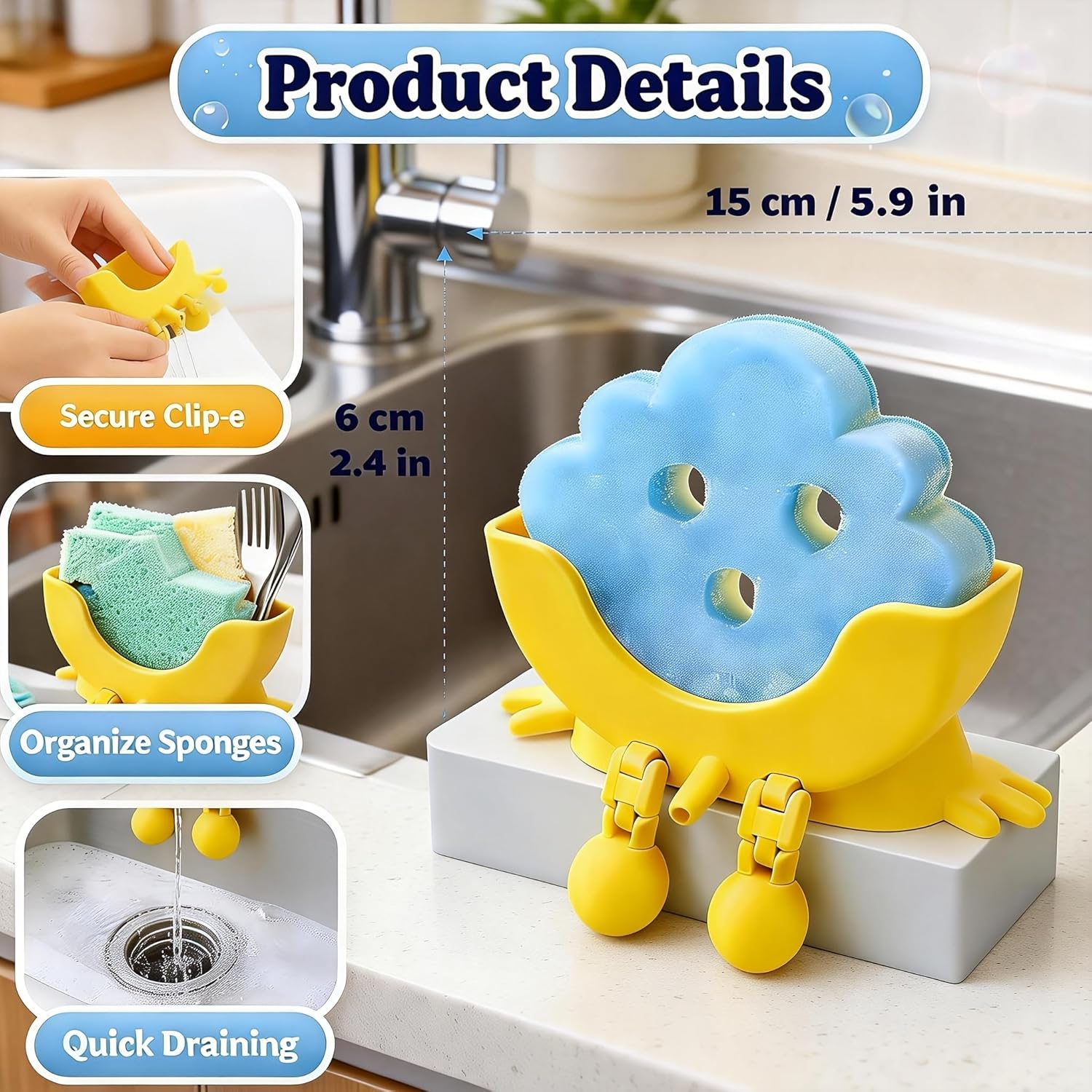 Thumbnail 2 de BRTNUP Cute Hanging Sponge Holder with Drainage (3D Printed, Yellow) for Kitchen Sink Organisation