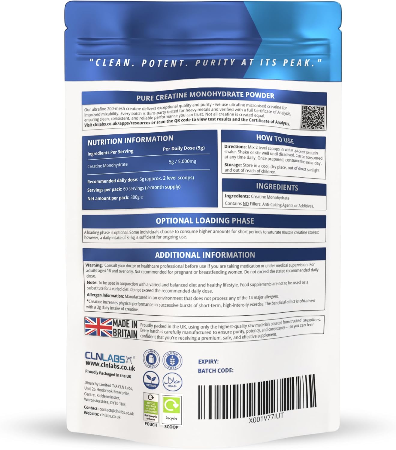 Thumbnail 6 de CLN Labs Creatine Monohydrate Powder – 300g (60 x 5g Servings) Micronised, Unflavoured, UK Made