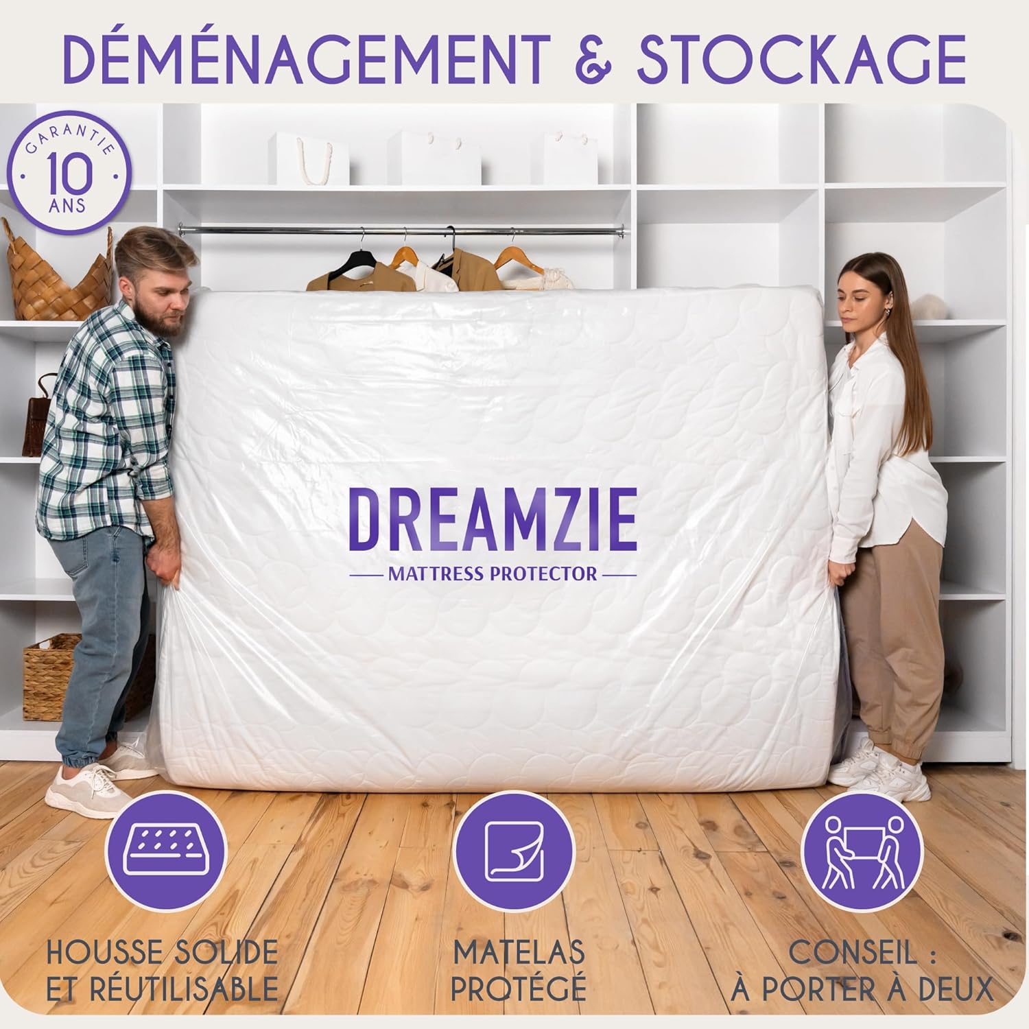 Thumbnail 5 de Dreamzie Housse de protection matelas 120x200 cm pour déménagement et stockage (jusqu’à 30 cm d’épaisseur) avec fermeture éclair