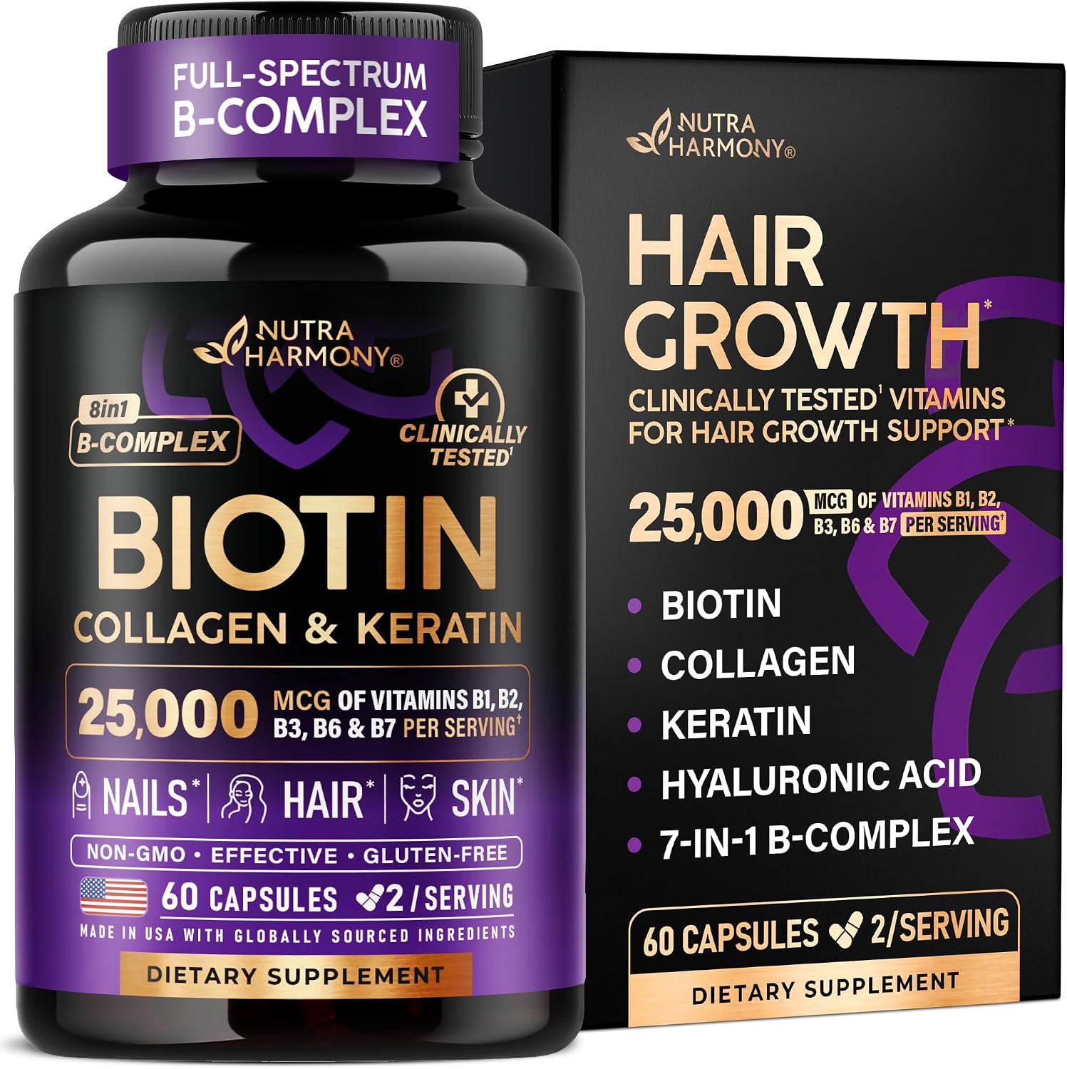 Detalle de NUTRAHARMONY BC-01 Hair, Skin & Nails Supplement with Biotin, Collagen & B-Complex