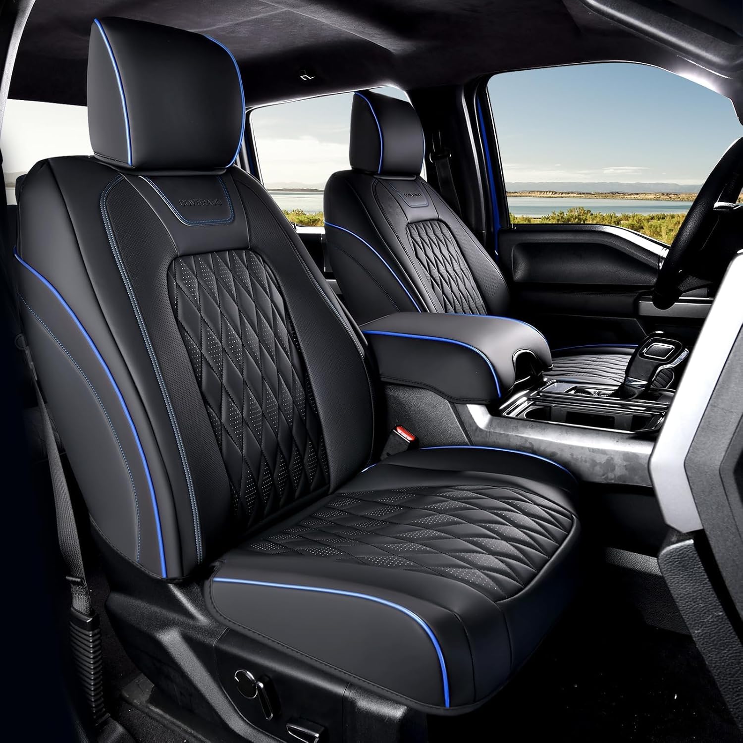 Thumbnail 1 de Coverado Leather Ford F-150 / F-250 / F-350 Seat Covers Full Set (Blue line) — Waterproof, Custom Fit for 2015-2026 Crew Cab