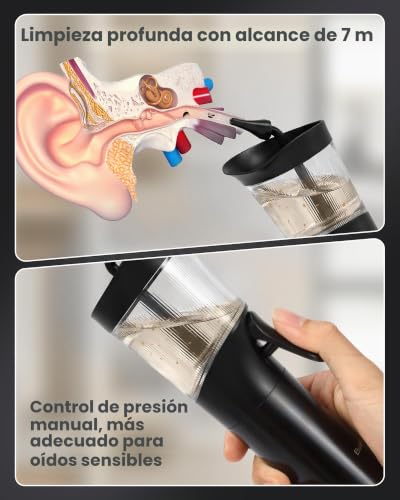 Detalle de Set de removedor de cerumen Buereuta: limpiador manual de oídos con boquilla de silicona suave y tanque integrado