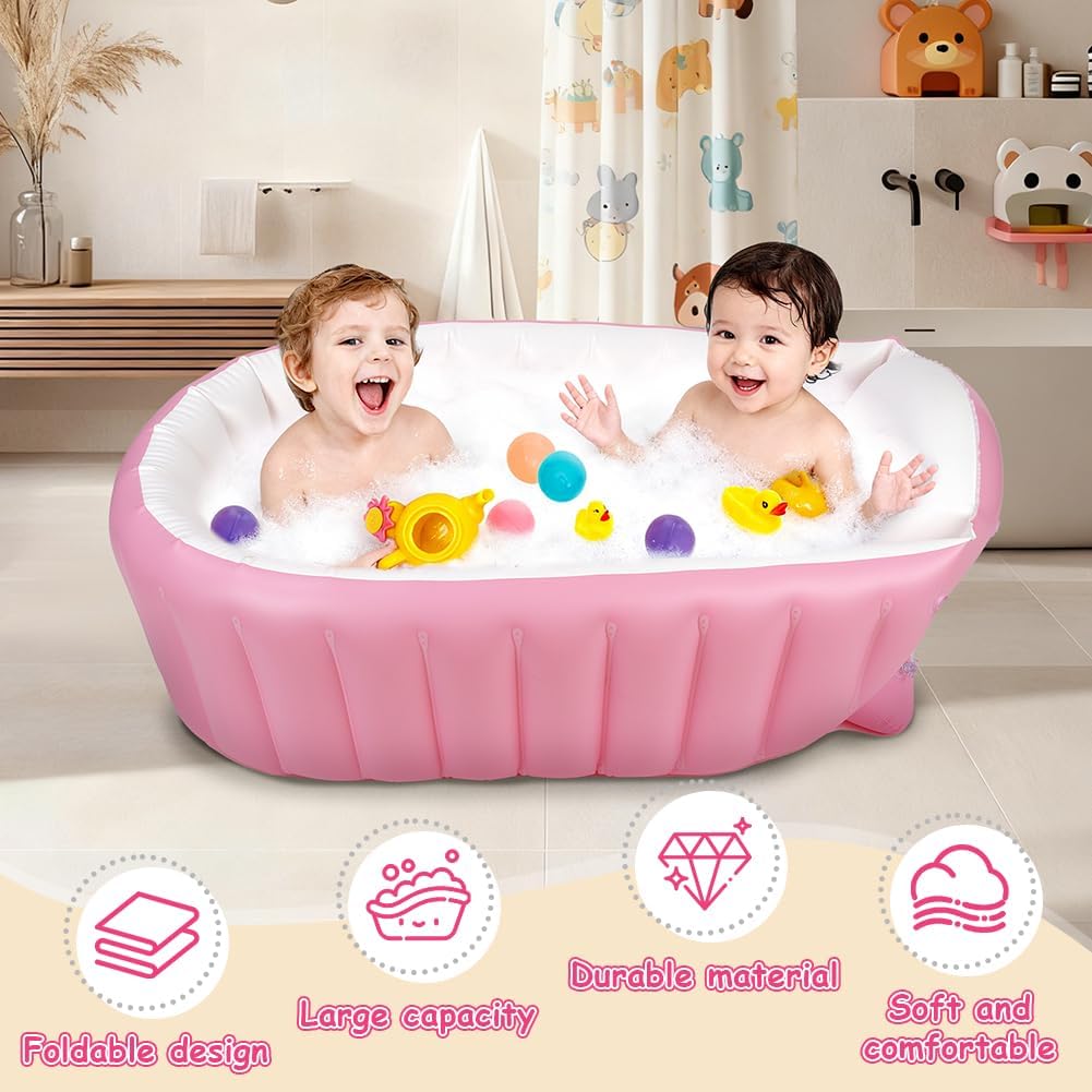 Detalle de AUYAO uppblåsbart babybadkar i rosa PVC med pump och avtappningsplugg