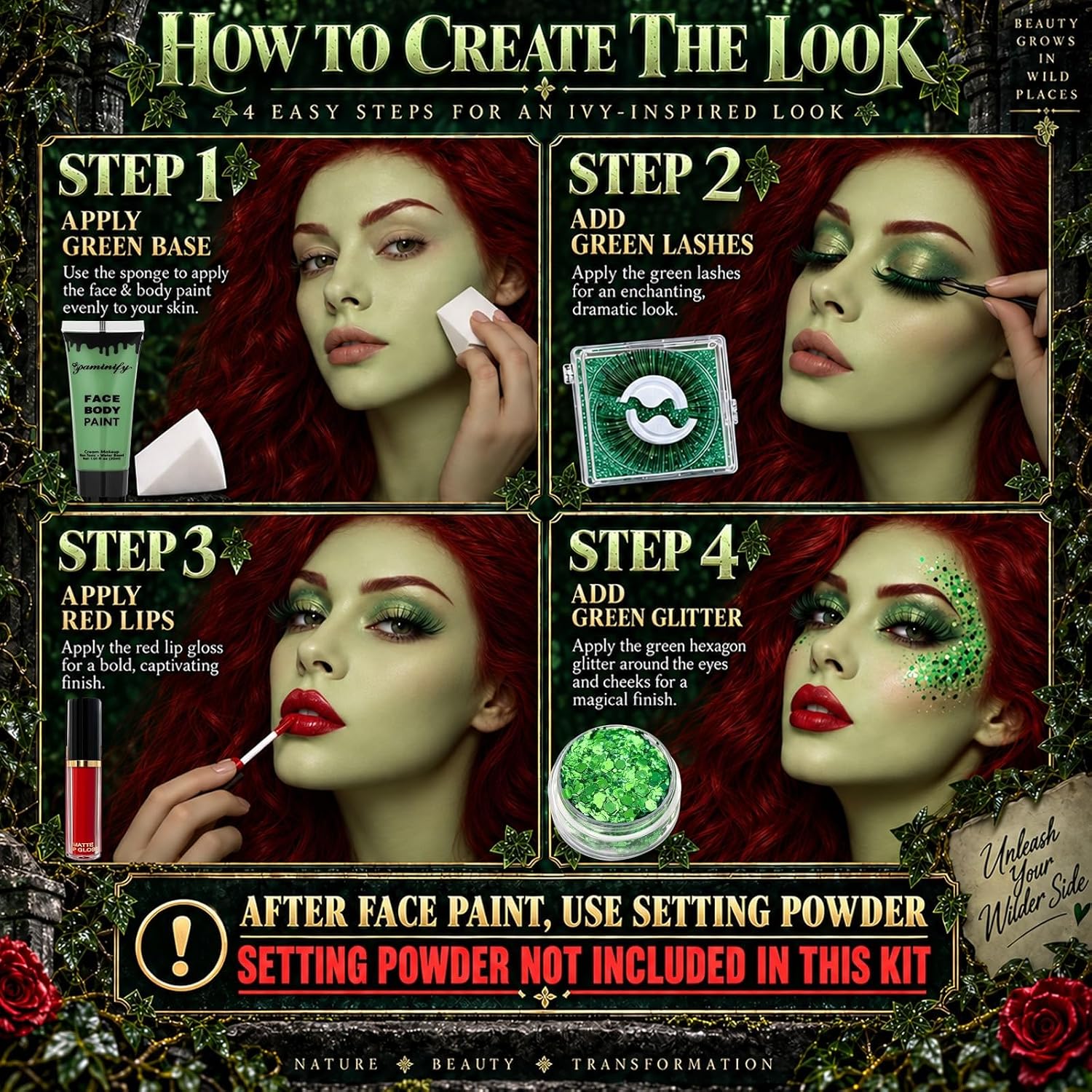 Detalle 1 de Paminify Halloween Green Ivy Makeup Set with Green Paint, Glitter and Lashes