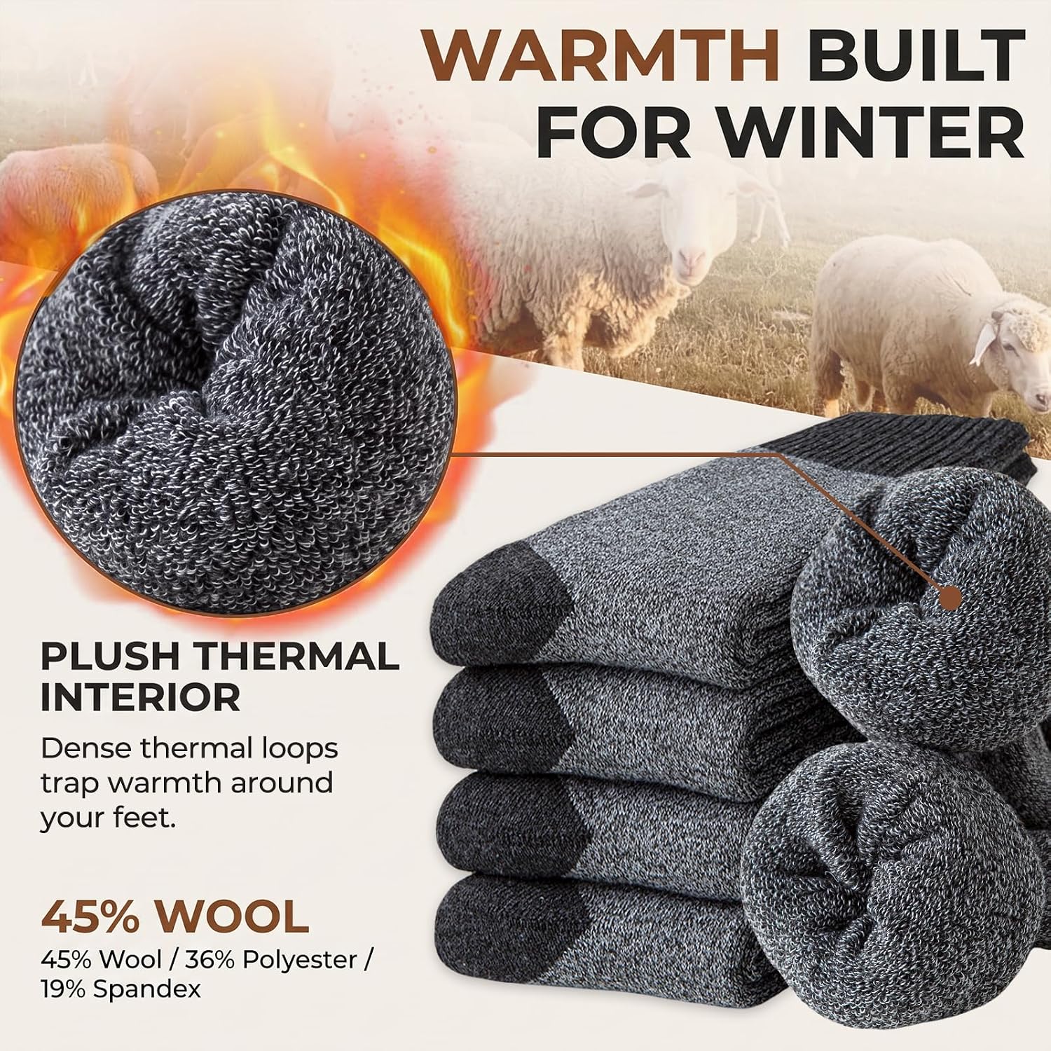 Thumbnail 1 de VoJoPi 5-Pair Men's Wool Blend Crew Socks, Cushioned Thermal Winter Boot Socks
