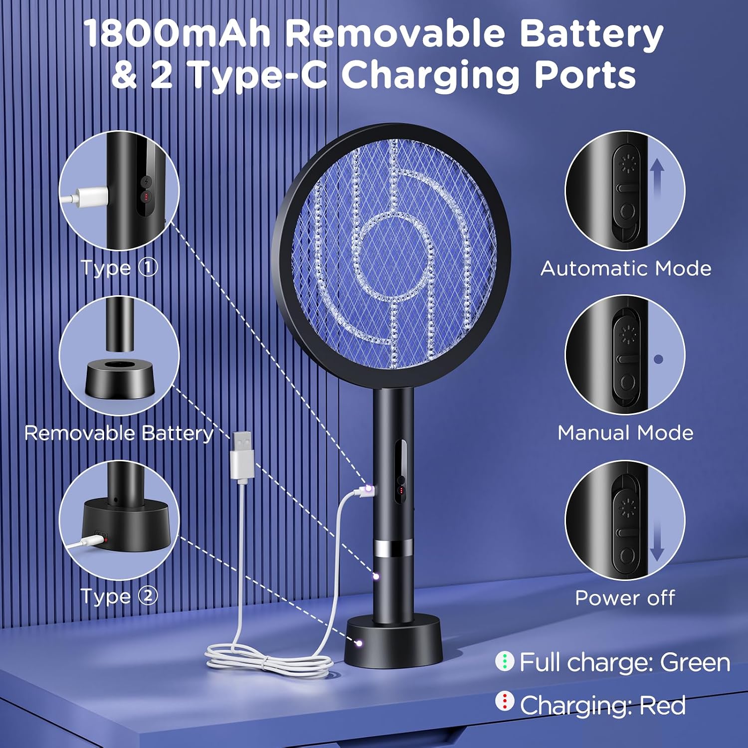 Detalle de BKXCHA 2 in 1 Elektrische Fliegenklatsche – 4000V, USB-Akku, LED-Lichtfalle