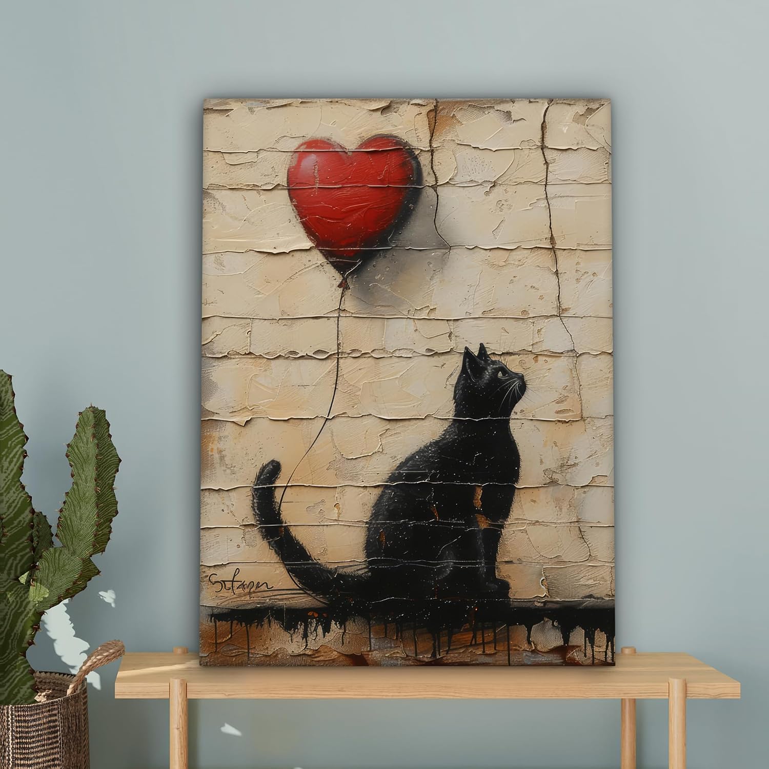 Thumbnail 3 de MuchoWow Impression sur Toile Photo Peinture 60x80 cm – Chat, Ballon et Graffiti (Banksy) – Décoration Murale