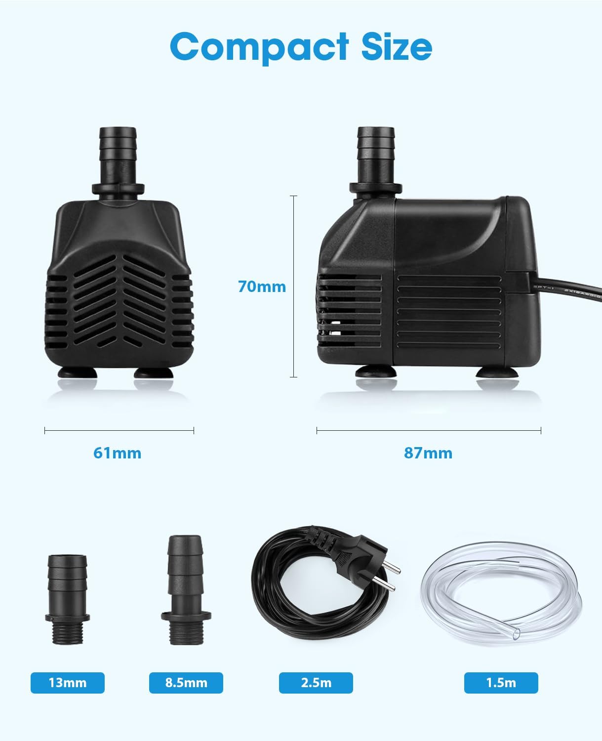 Thumbnail 4 de Wasserpumpe Klein Tauchpumpe 25W (bis 1500 l/h) – mit 2,5 m Kabel, 1,5 m Schlauch und 2 Düsen