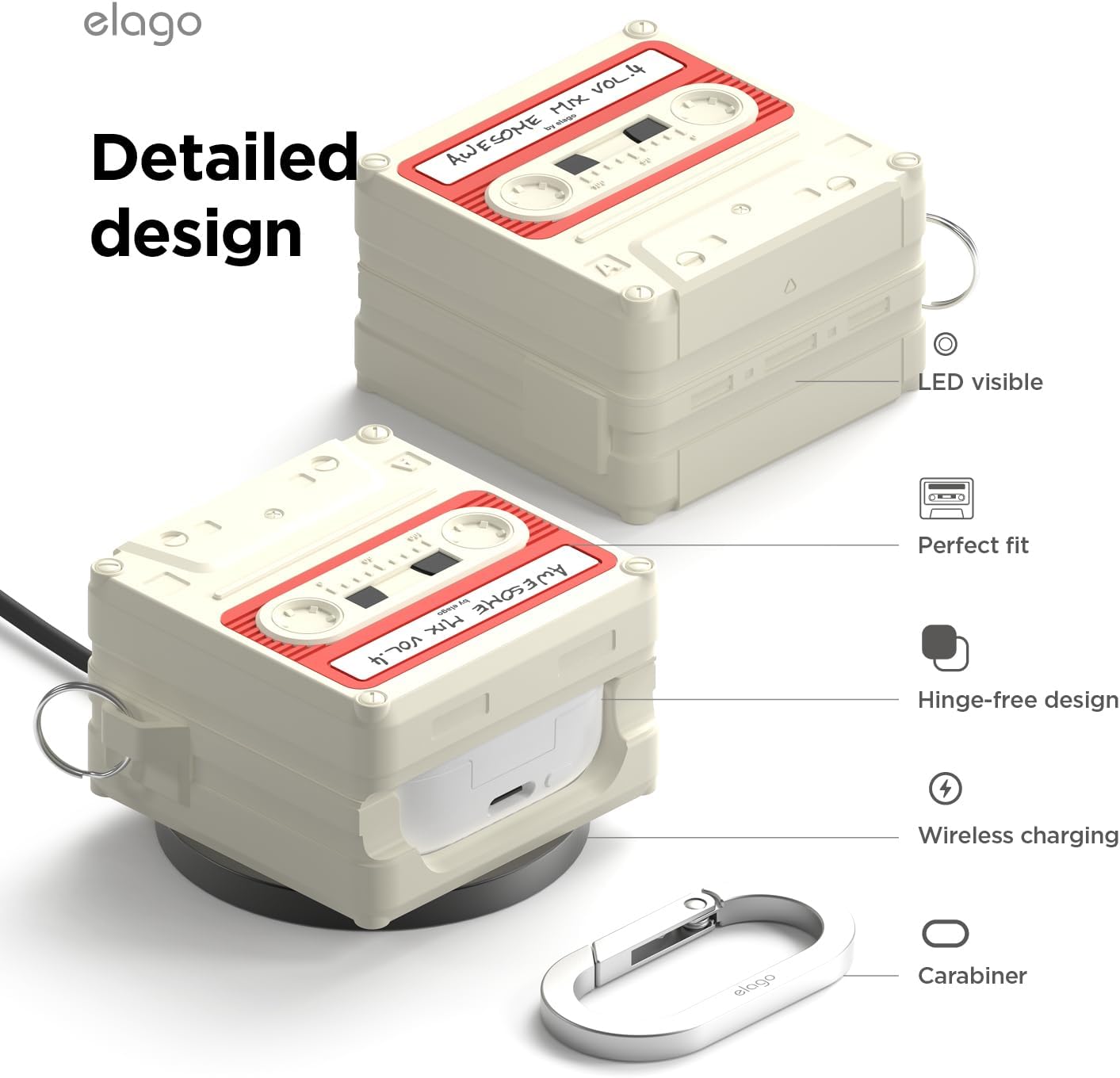 Detalle 2 de elago Coque Cassette compatible Samsung Galaxy Buds 4 Pro & Buds 4 (étui) avec mousqueton – blanc classique