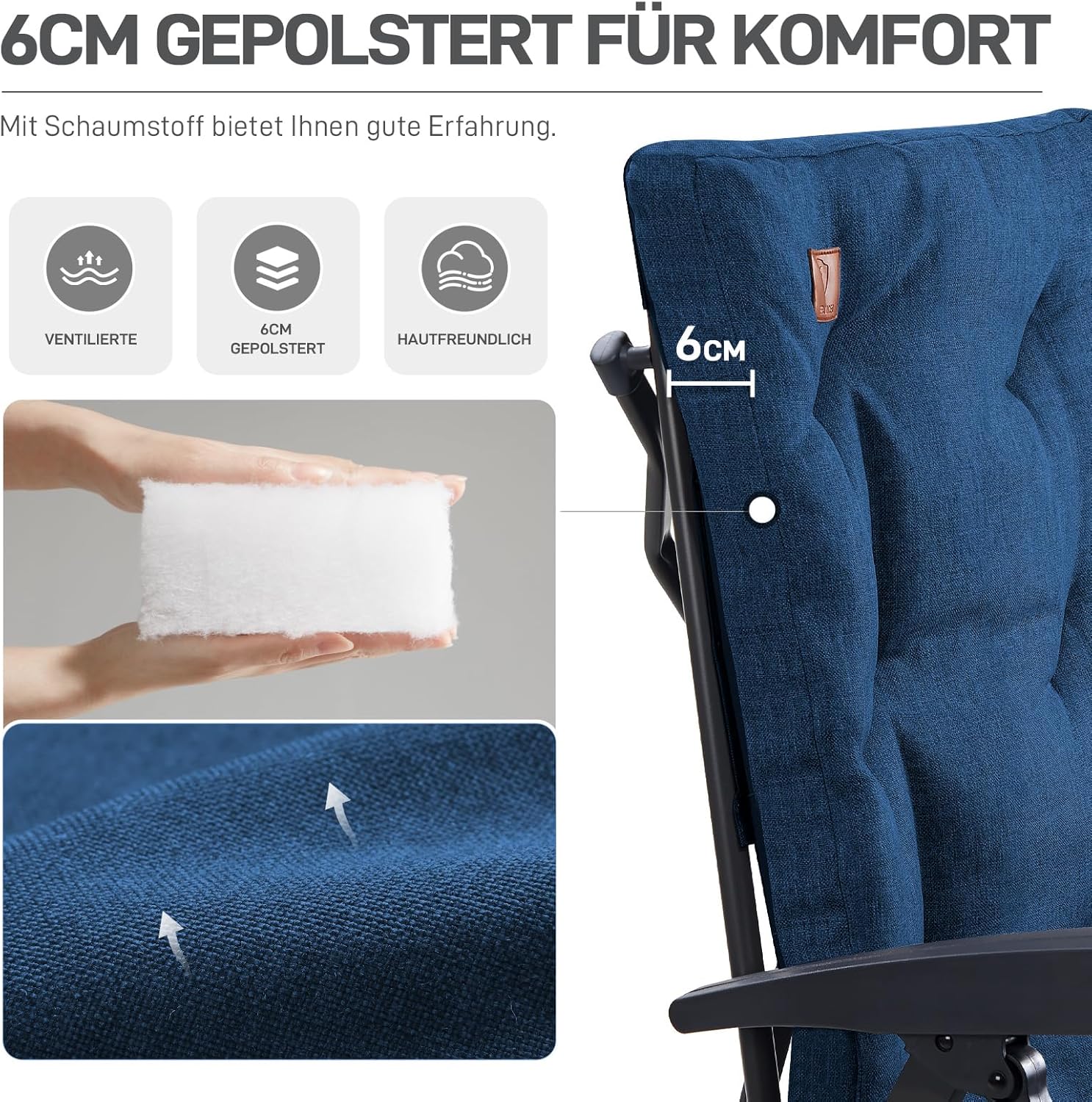 Detalle 1 de EVER ADVANCED Campingstuhl faltbar mit 4-fach verstellbarer Rückenlehne bis 150 kg, gepolstert (6 cm) & Getränkehalter
