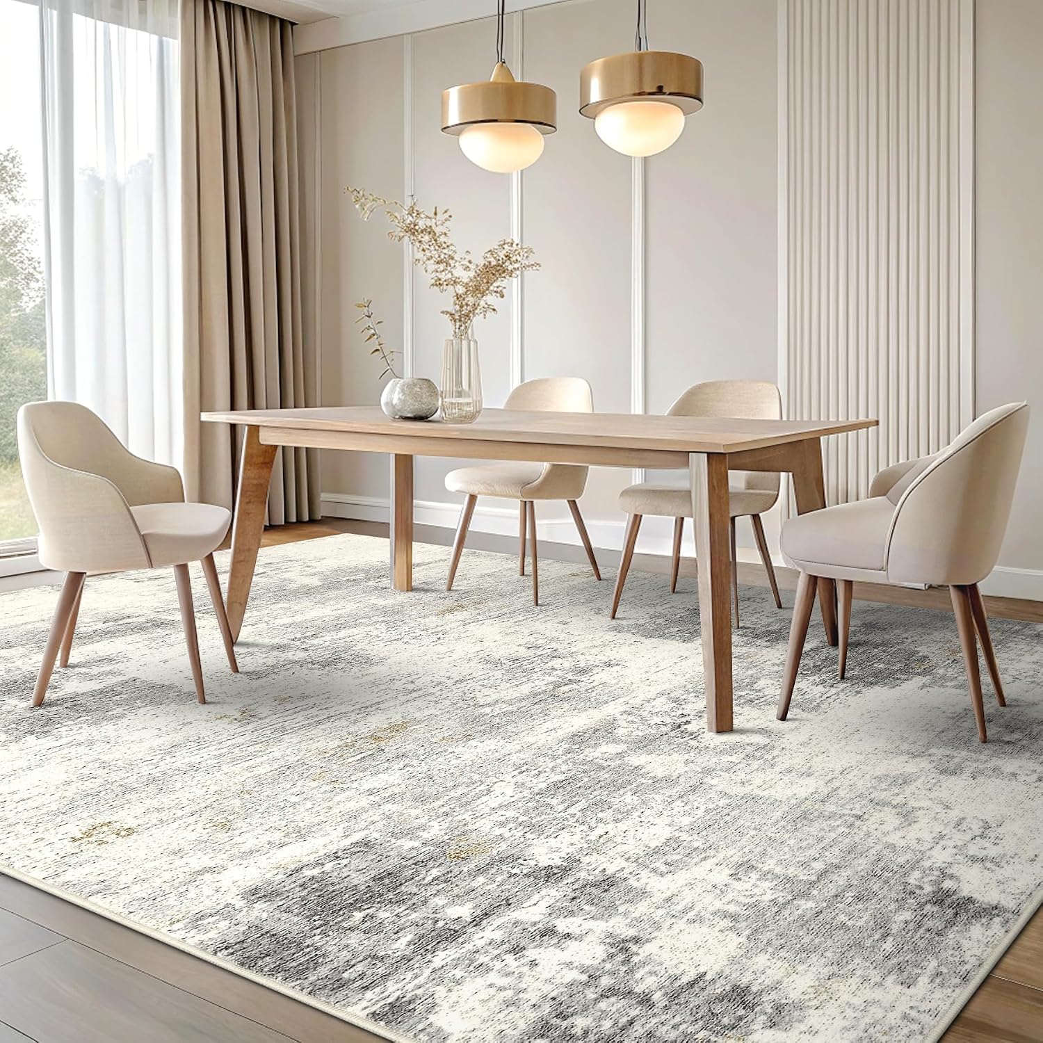 Detalle 2 de smiry Moderner abstrakter Teppich für Wohnzimmer, 160x220 cm, waschbar & rutschhemmend (Beige)