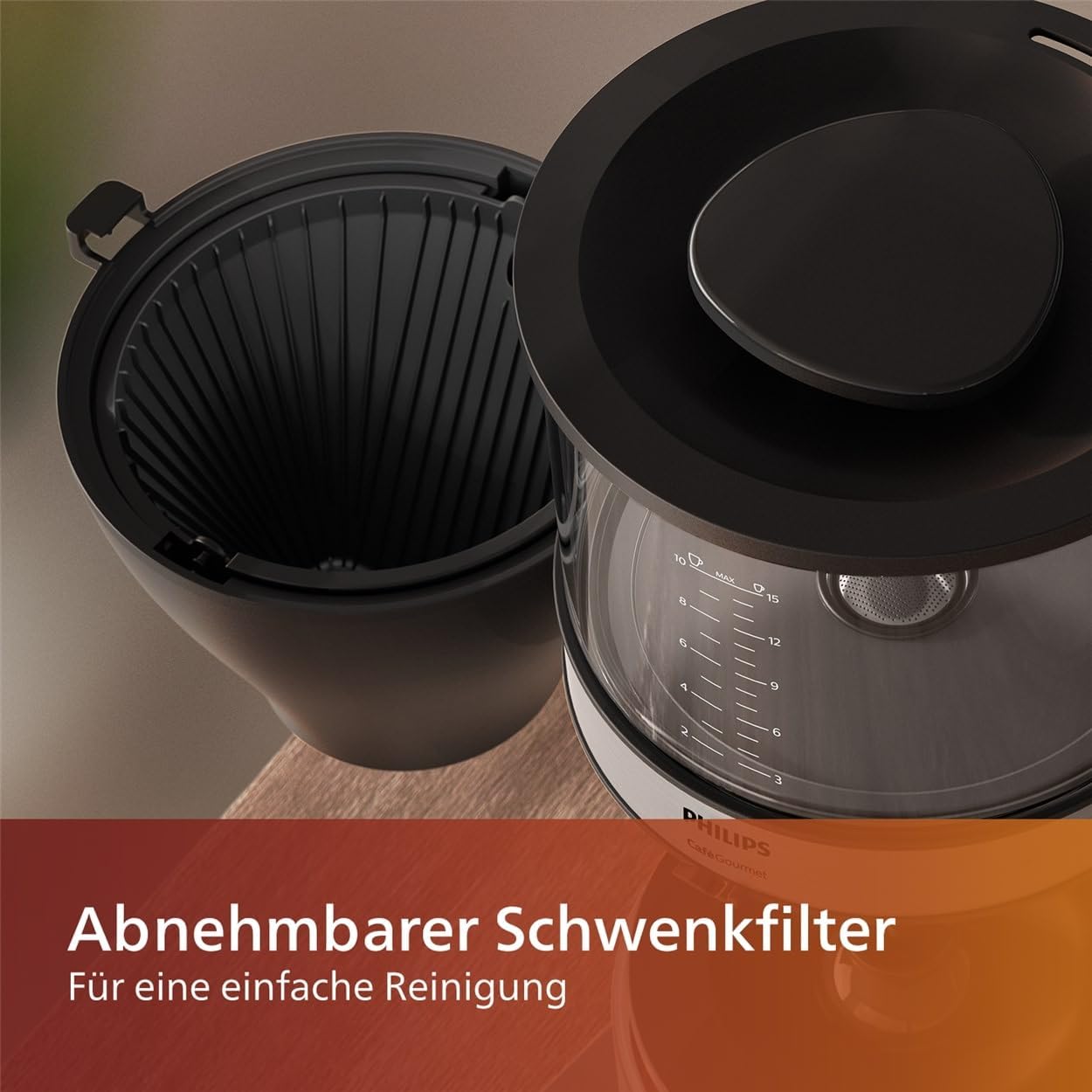 Detalle 2 de Philips Filterkaffeemaschine HD5416/60 – 1,25 l Fassungsvermögen, Aroma-Twister, Boil & Brew, schwarz/silbern