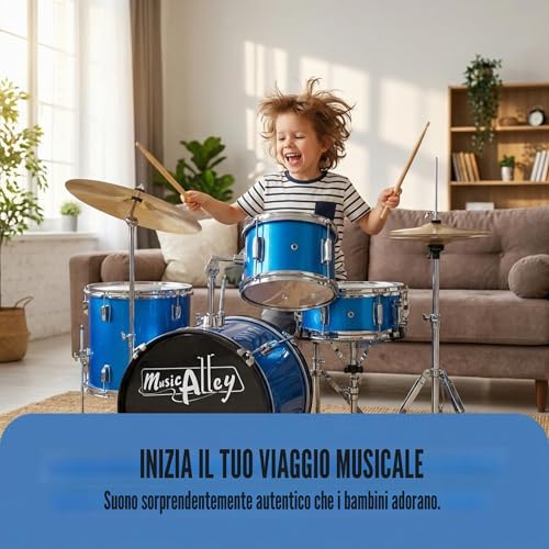 Detalle de Music Alley Batteria per Bambini 3 Pezzi con Sgabello e Piatto, Blu