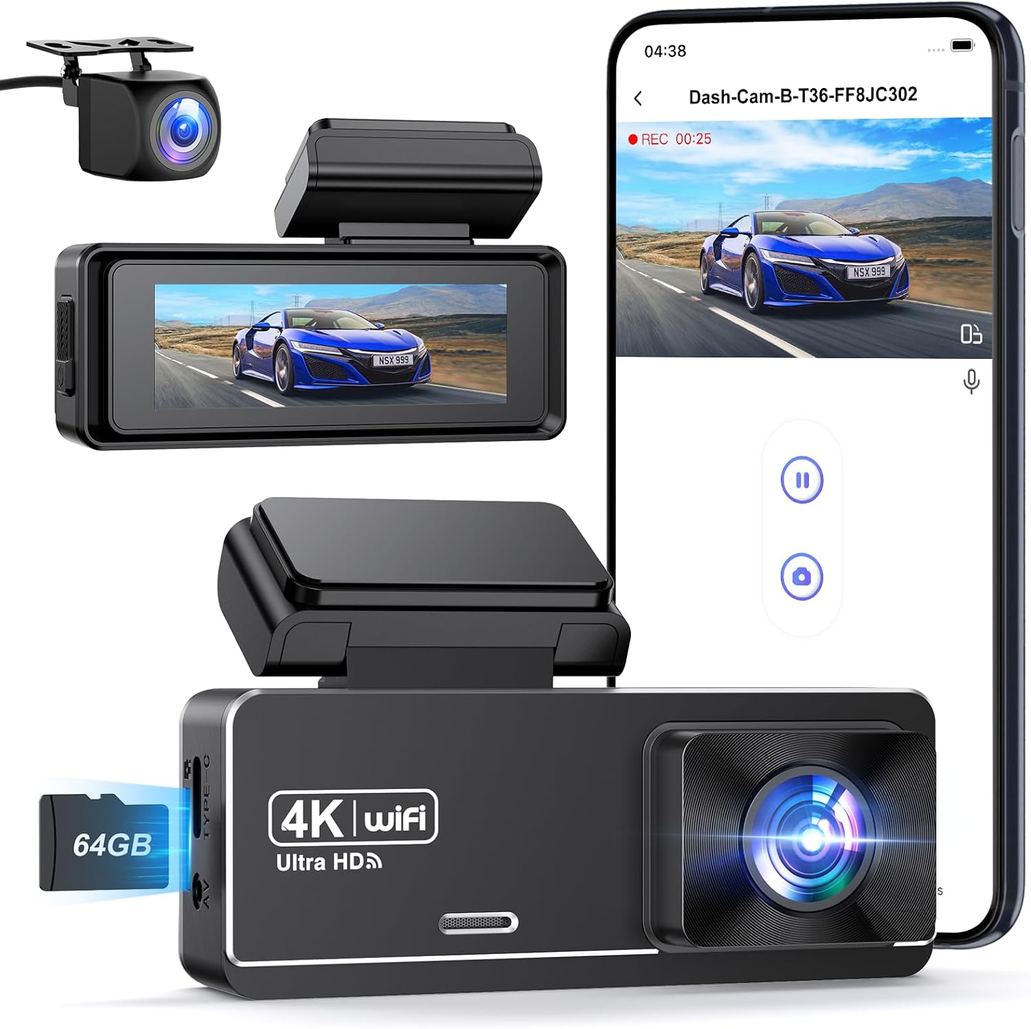 Detalle de PENEMAY Dash Cam Front and Rear 4K+1080P with Free 64GB Card — 2.99” IPS, Wi‑Fi, 24H Parking, G‑Sensor