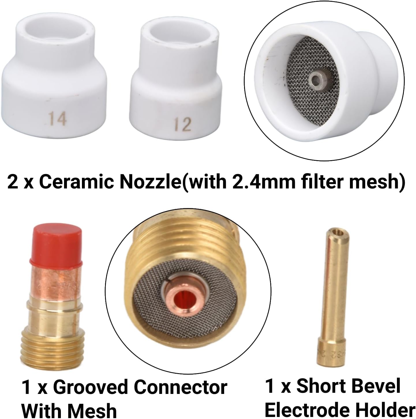 Detalle de LiebeWH – Kit de 4 lentilles à gaz pour buse en céramique (blanche) avec connecteur biseau court, compatible TIG WP 17/18/26