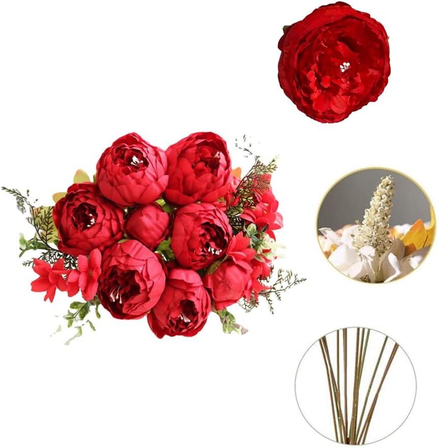 Thumbnail 4 de 10 Heads Peonies Artificial Flowers Bouquet – 17.5" Red Silk Peony Arrangement for Home, Garden, and Event Décor