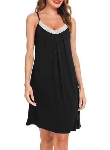 Detalle de Lovasy Camisón de Mujer Verano con Encaje y Tirantes Ajustables – Modal suave, Blanco/Negro, XL
