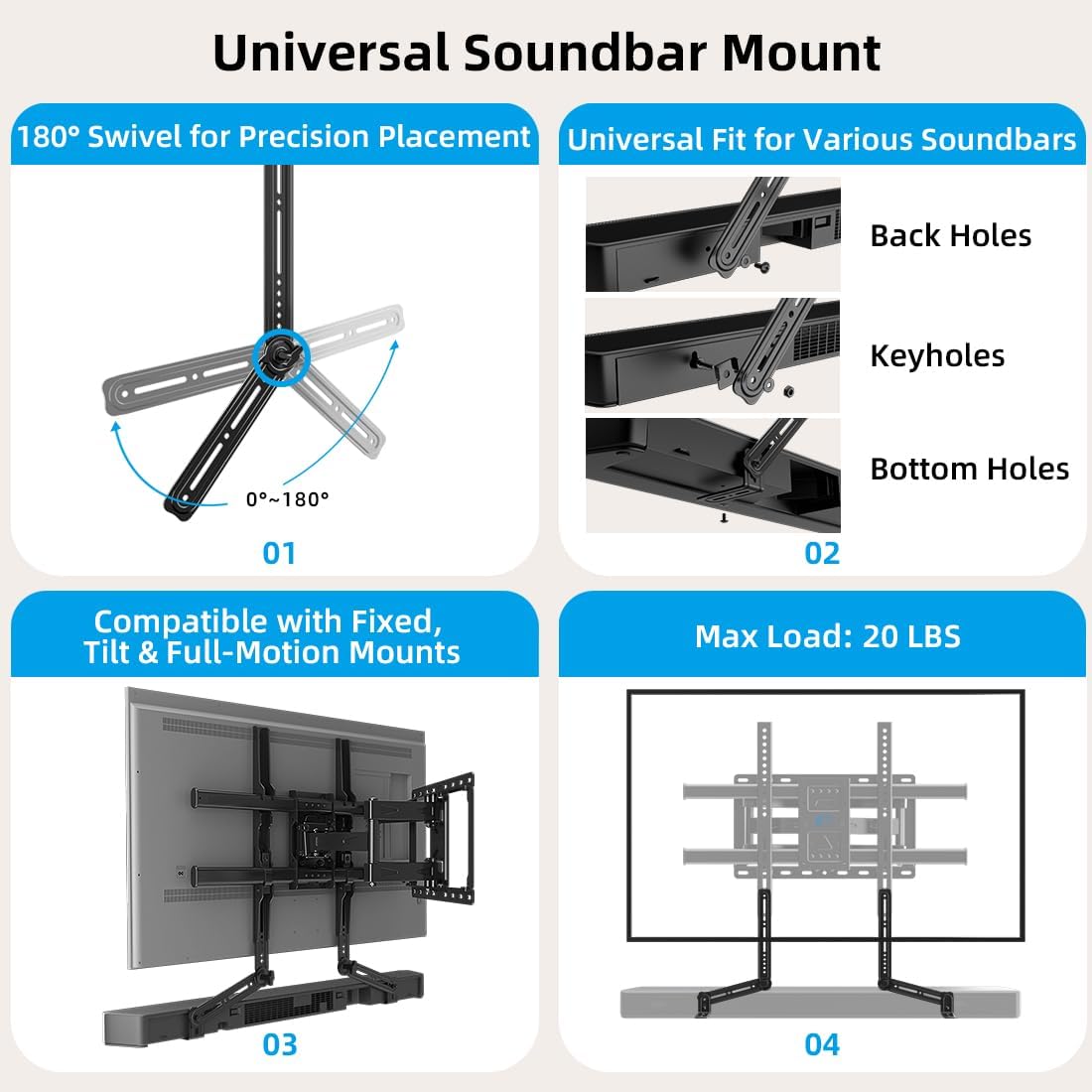 Detalle de HOME VISION Full Motion TV Wall Mount with Soundbar Bracket for 32-85 inch TVs