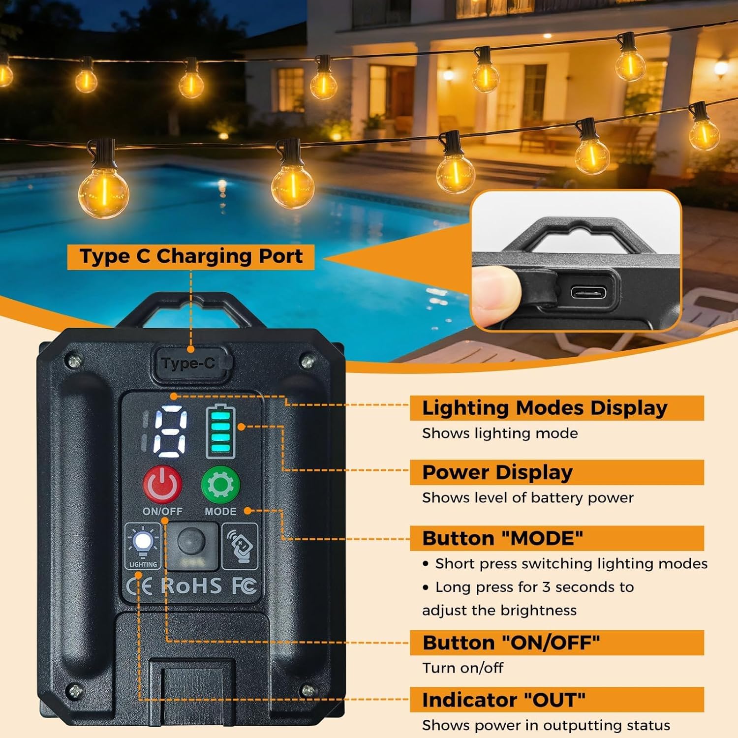 Thumbnail 6 de litogo Solar Festoon Light Outdoor with Remote – 13M/43FT, 8 Modes, USB & Solar Dual Charging