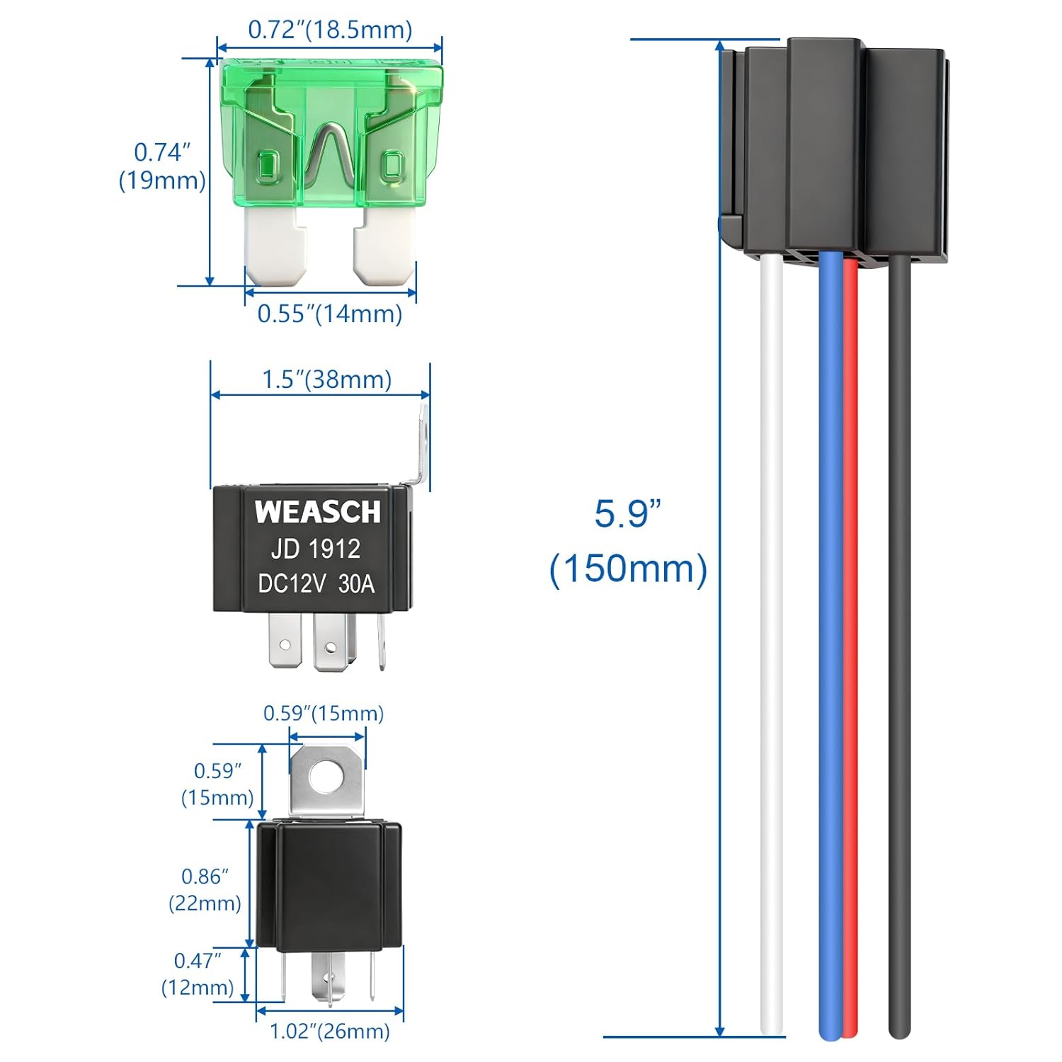 Detalle 2 de Weasch ヒューズリレースイッチキット 12V 30A 4ピンSPST、14AWGハーネス・30Aヒューズ付き