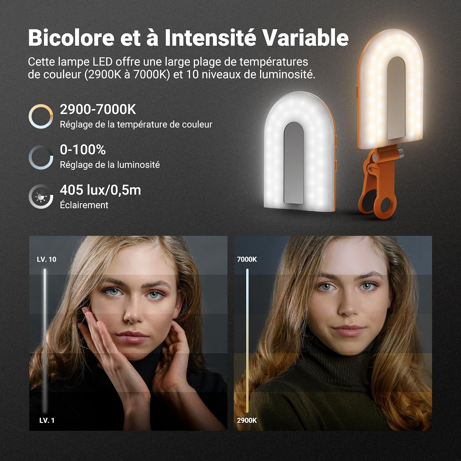 Detalle de NEEWER GM66 : lampe selfie à pince 68 LED bicolore (2900–7000K) pour iPhone et vlogs