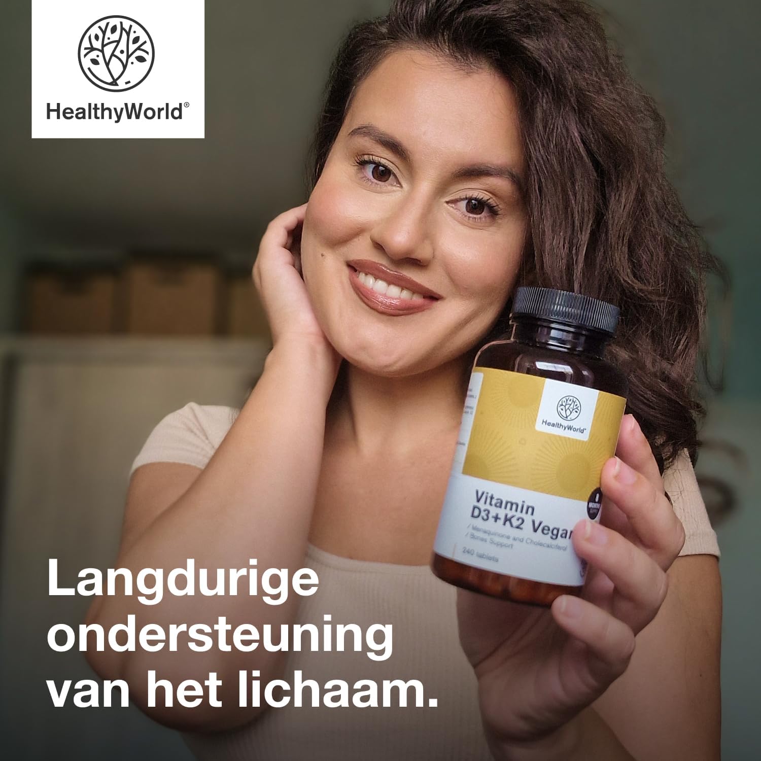 Detalle 2 de HealthyWorld Vitamine D3+K2, 240 vegan tabletten met D3 en K2