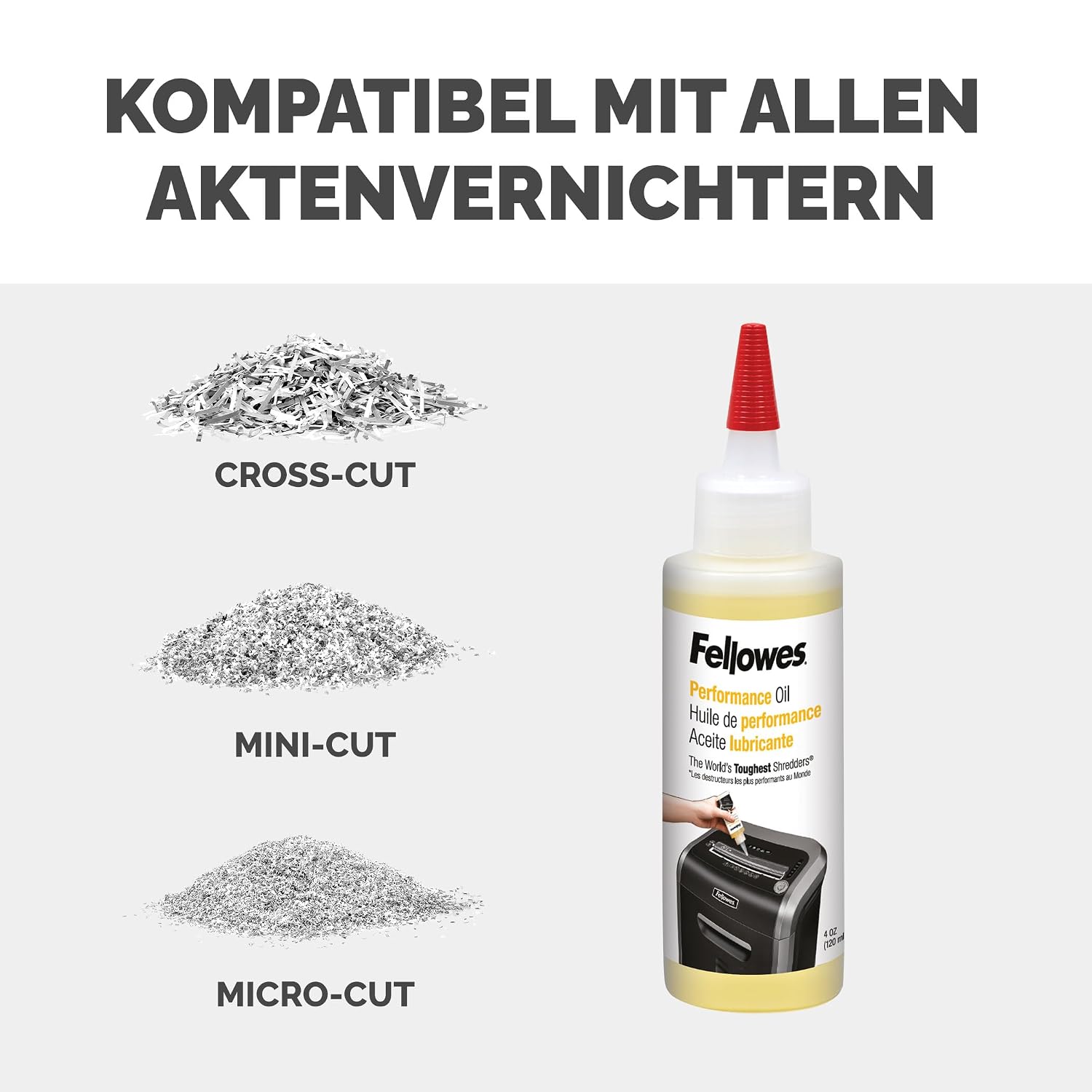 Detalle de Fellowes Aktenvernichter-Öl – 120 ml zur Pflege von Cross-Cut und Mikroschnitt-Aktenvernichtern