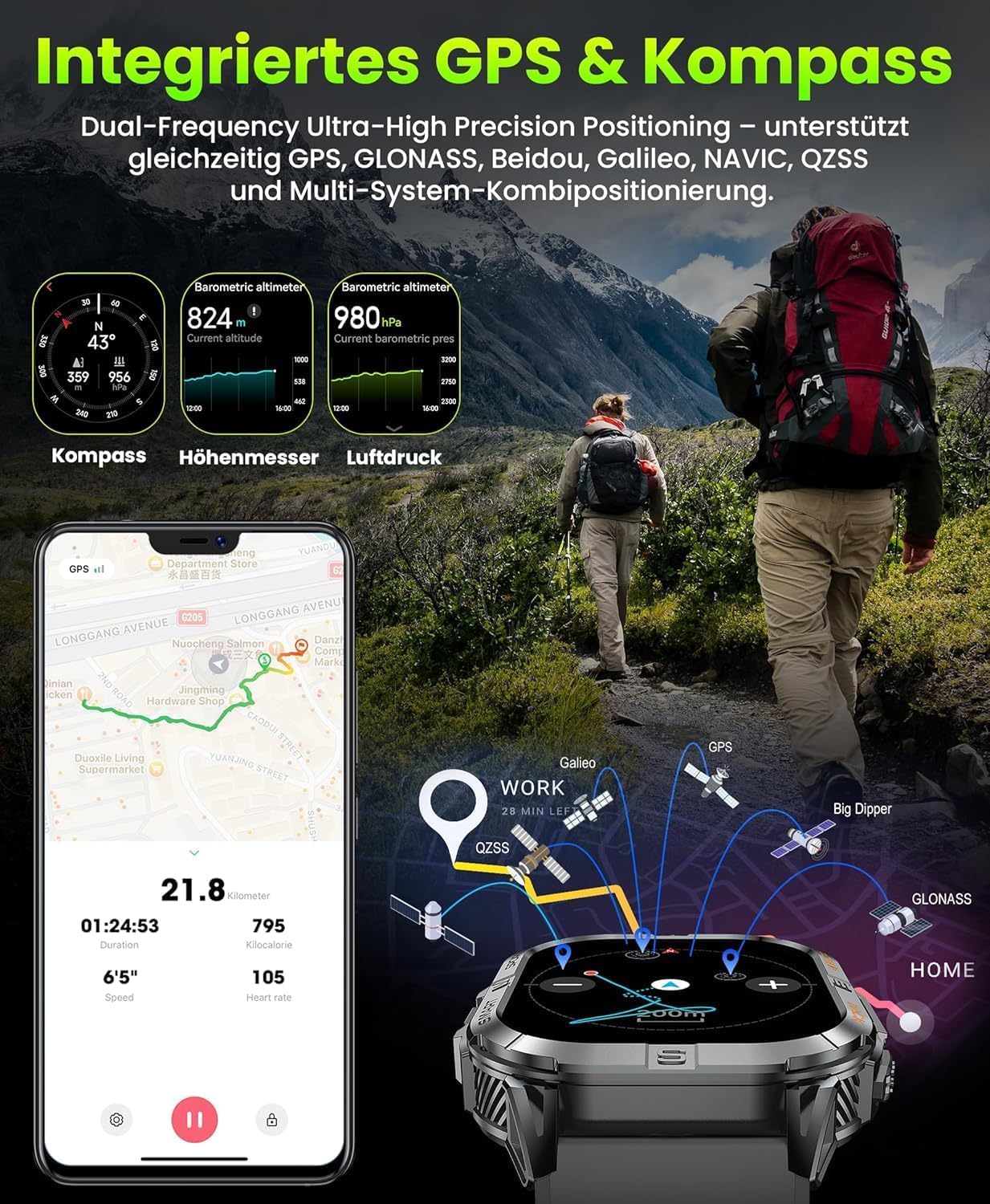 Detalle de Joautrial GPS Montre Connectée Homme – 2,13" AMOLED, boussole, torche LED et 100+ modes sportifs