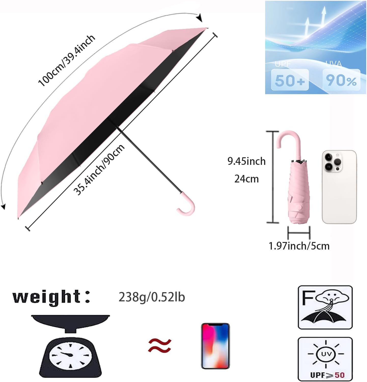 Detalle de erised's Bifrost Mini Travel Compact Folding Umbrella – Hook Handle, 6 Ribs, UV 50+, Lightweight & Portable