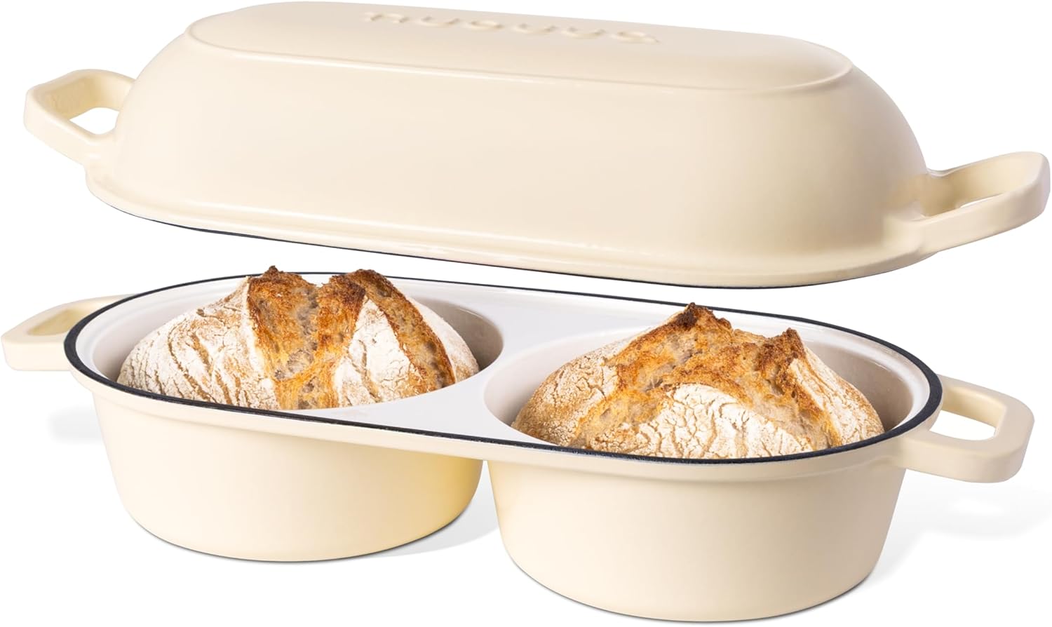 Detalle de Nuovva Dutch Oven for Sourdough Bread Baking: Enamelled Cast Iron Double Loaf Pot (16.5 cm each), Cream