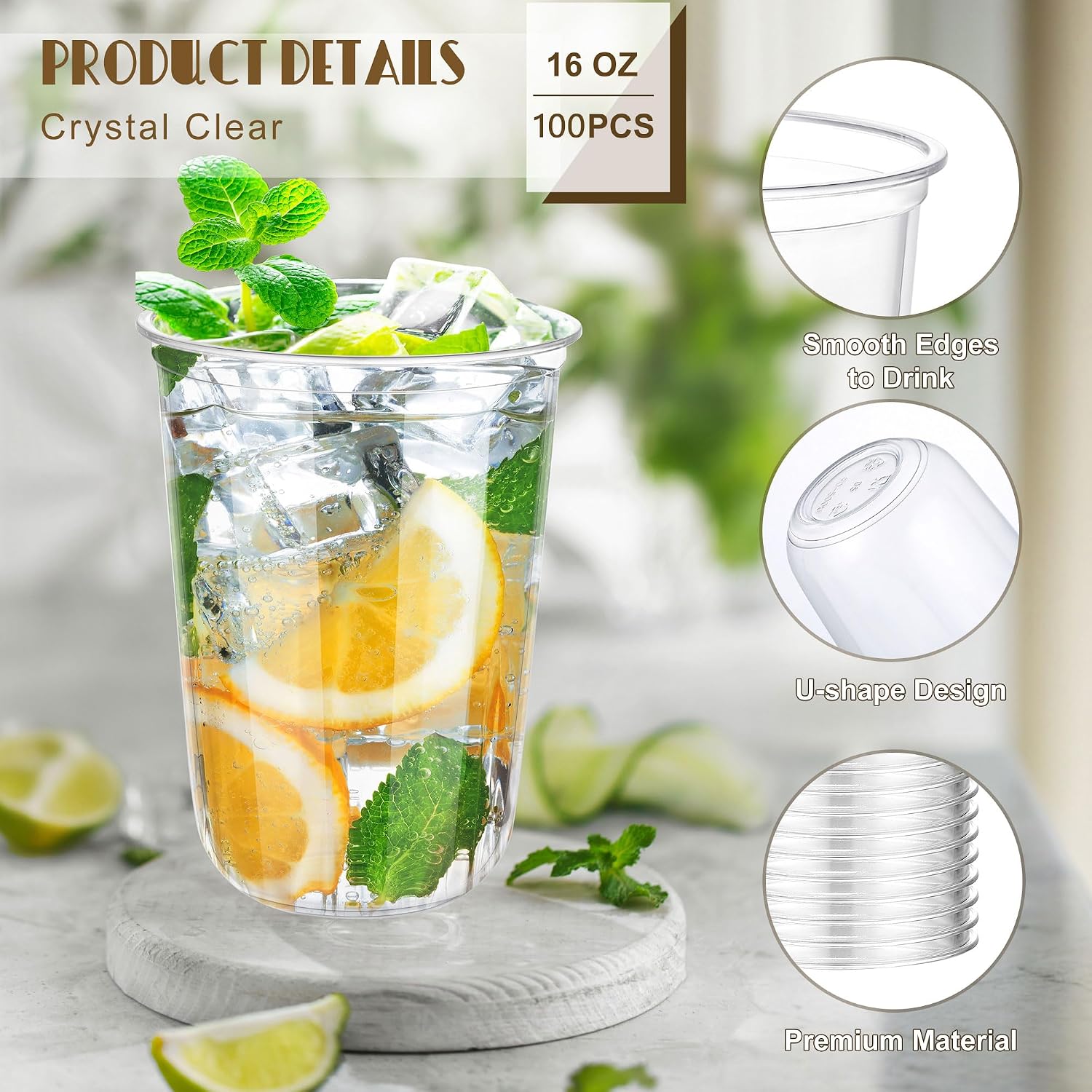 Detalle 2 de KesaPlan 16 oz Clear PET Cups, 100-Count Stemless Wine & Cocktail Glasses