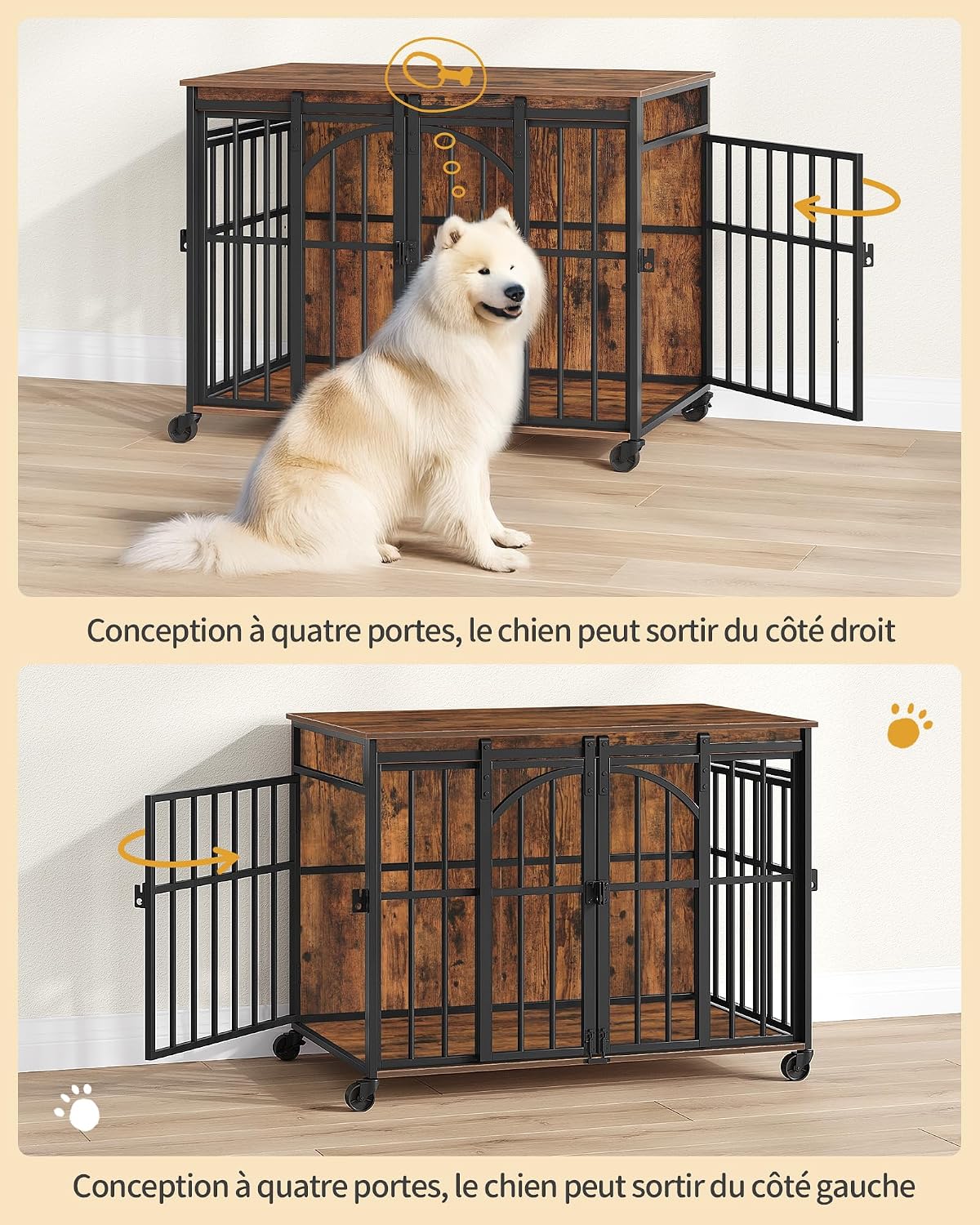 Thumbnail 6 de Hzuaneri cage pour chien avec roulettes pivotantes 360° et porte coulissante, en bois (marron rustique)