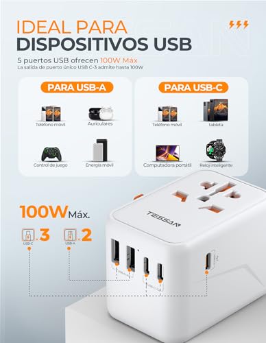 Thumbnail 3 de TESSAN 100W GAN Adaptador Enchufe Universal: Cargador de Viaje 6 en 1 con USB-C y USB-A