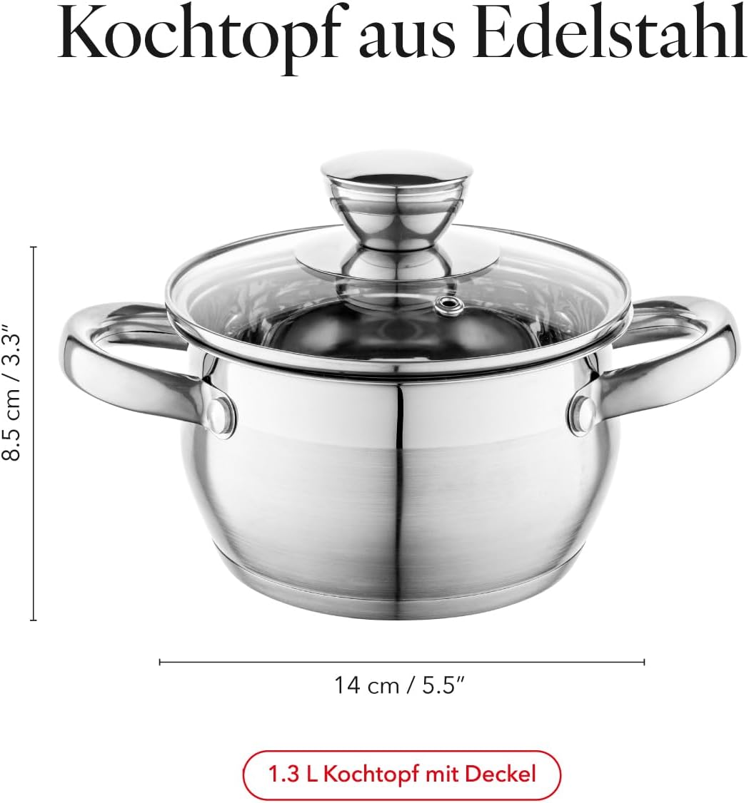 Detalle de Florina Oliver 14 cm – Edelstahl-Topf 1,3 L mit Glasdeckel, induktionsgeeignet