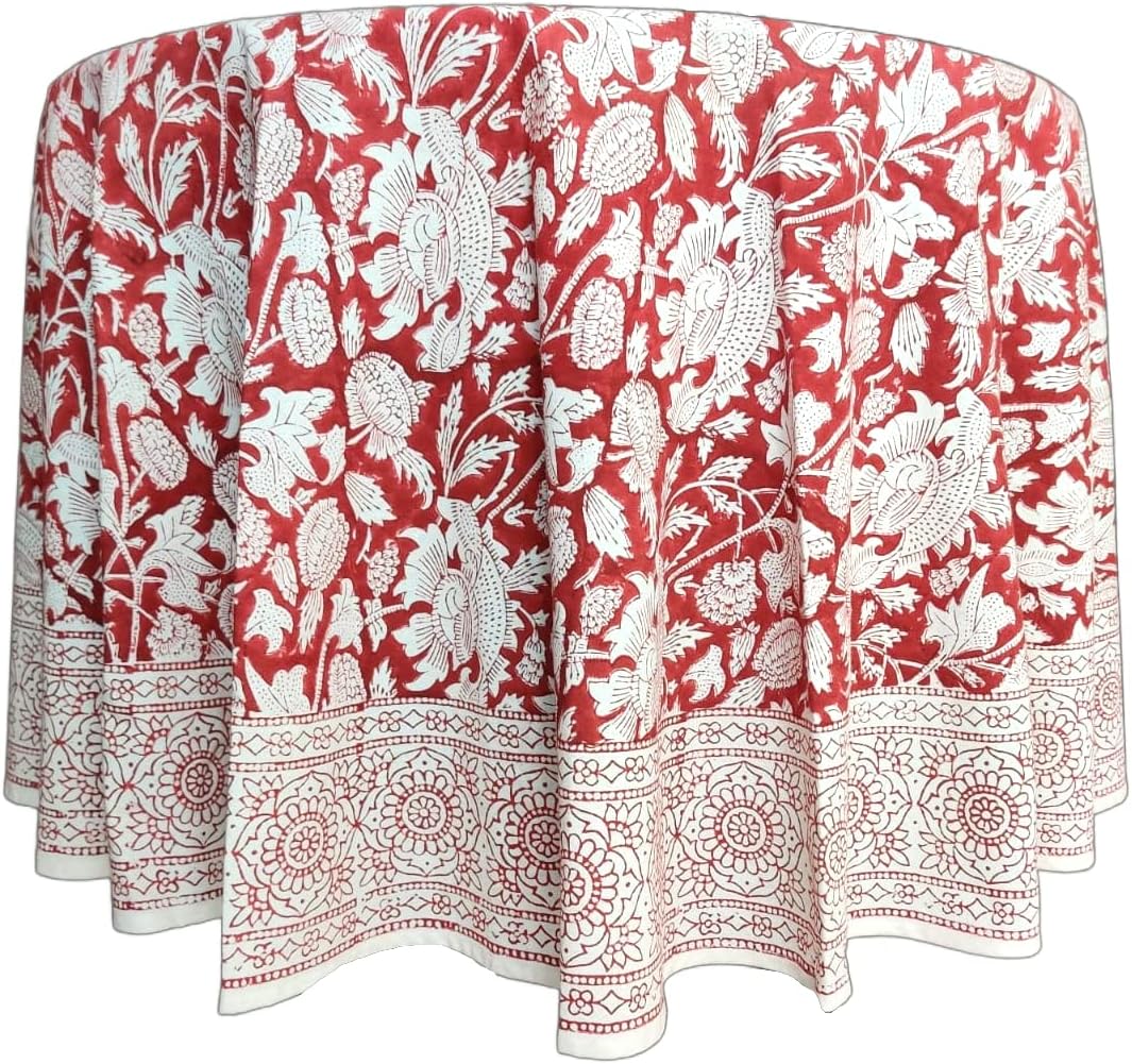 Thumbnail 1 de ATOSII Meraki Red 100% Cotton Round Tablecloth, 60" Floral Handblock Print for 4-Seater Tables
