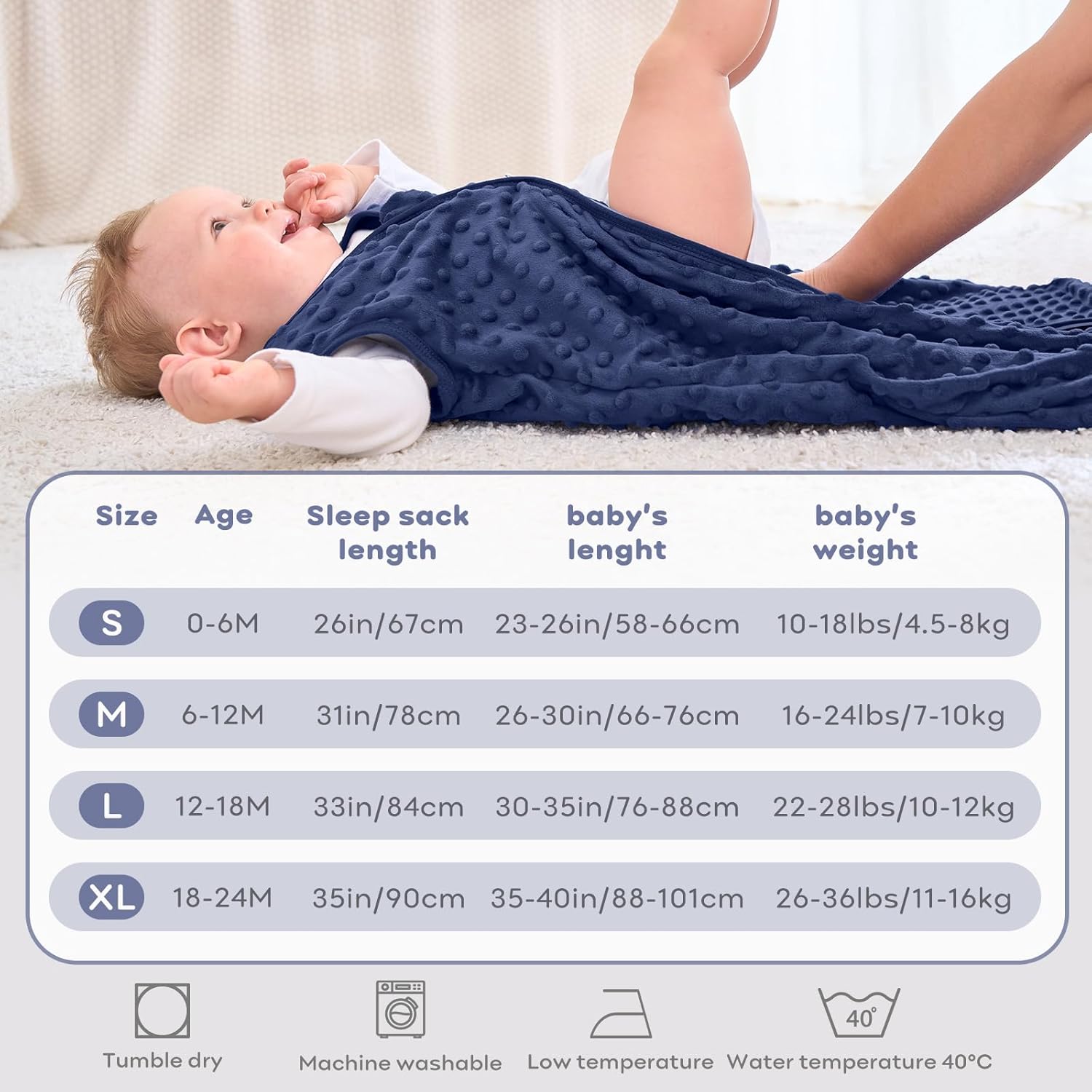 Detalle 2 de FIEMOL Schlafsack Baby 0–6 Monate 1,5 Tog mit Plüschpunkten (2er Pack, Blau & Grau, ärmellos)