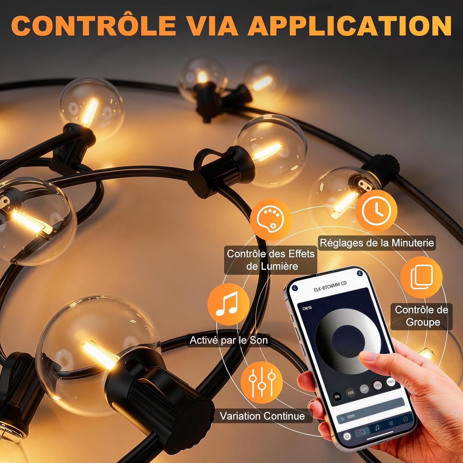 Detalle de G40 Guirlande Lumineuse Extérieure et Intérieure avec Contrôle App + Télécommande – 23,5 m, IP44, 27 ampoules G40