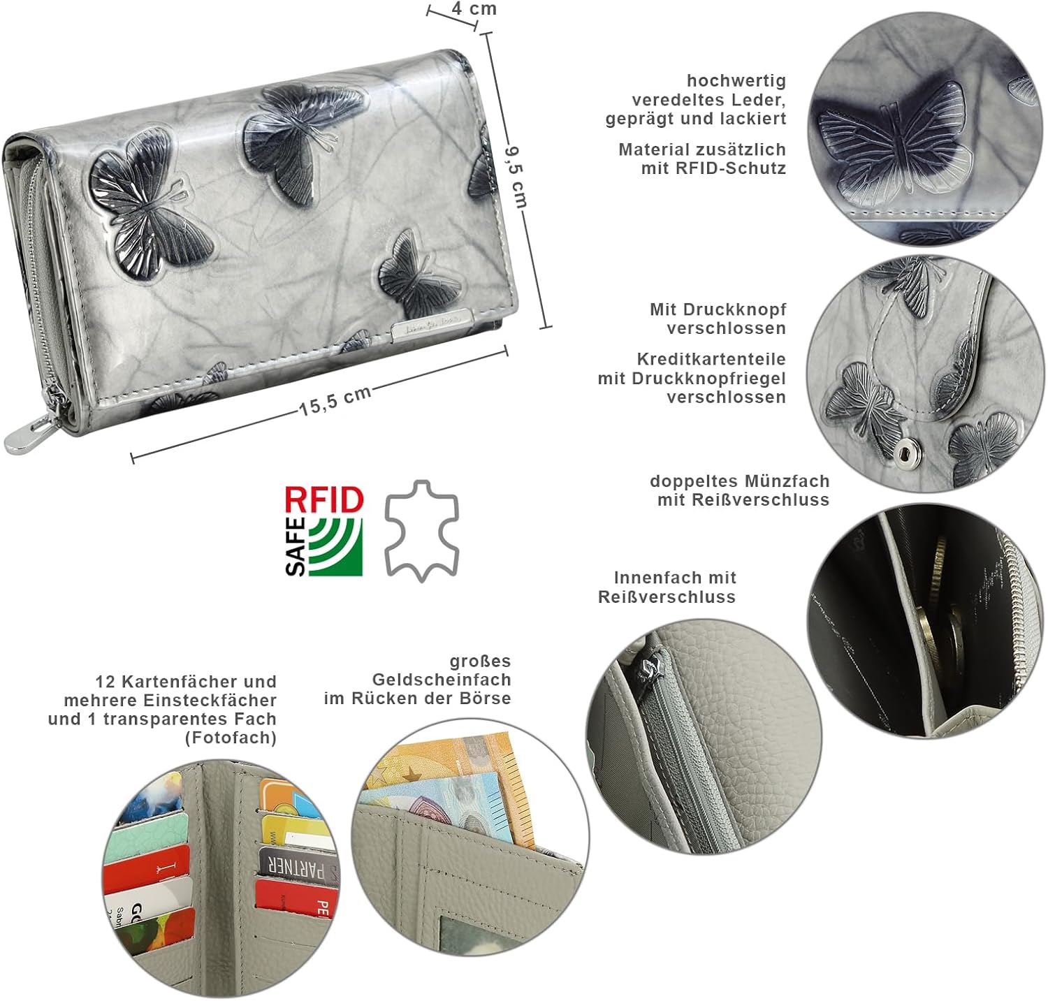 Detalle de Jennifer Jones Damen Leder Geldbörse Groß mit RFID-Schutz – Schmetterlings-Motiv, Silber