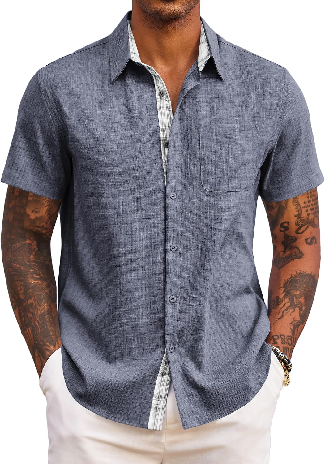 Detalle de COOFANDY Herren Hemd Kurzarm Sommer – Karierte Leiste, Regular Fit