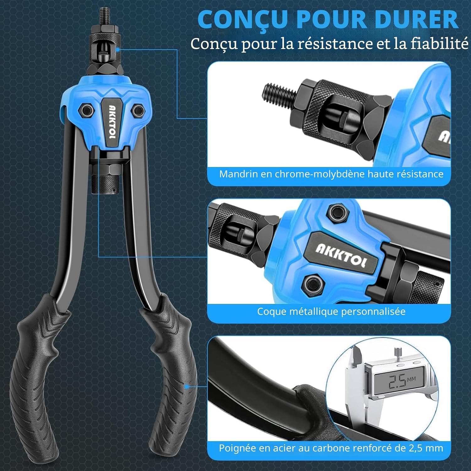 Detalle de AKKTOL Pince à Insert Fileté avec Boîte de Rangement et Coffret Robuste – 7 Mandrins (M3 à M12), 80 Écrous à Sertir