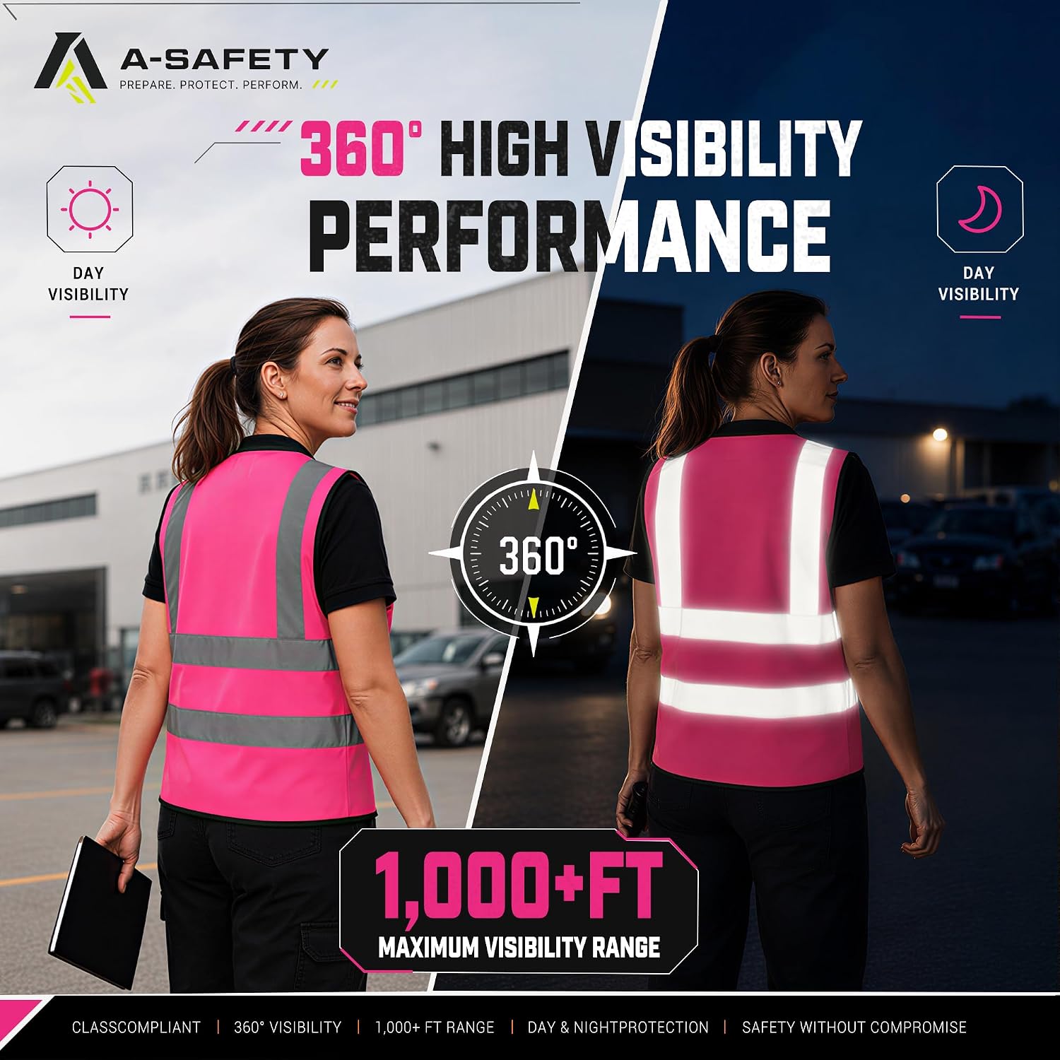 Detalle de A-SAFETY Pink Medium Reflective Safety Vest with 7 Pockets and Radio Mic Loop