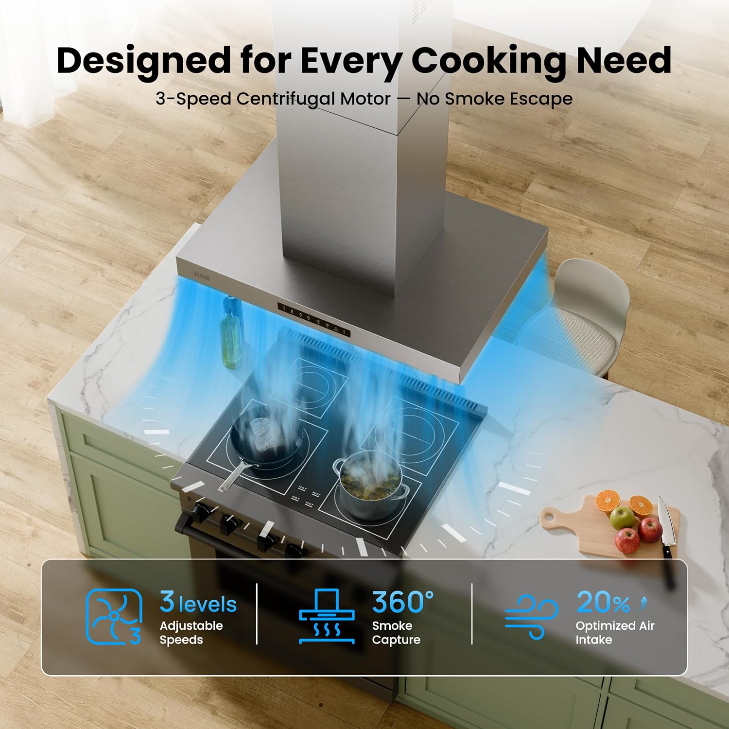 Detalle de VIKIO HOME RI51-30 30-Inch Island Range Hood, 1200 CFM, Gesture and Touch Controls