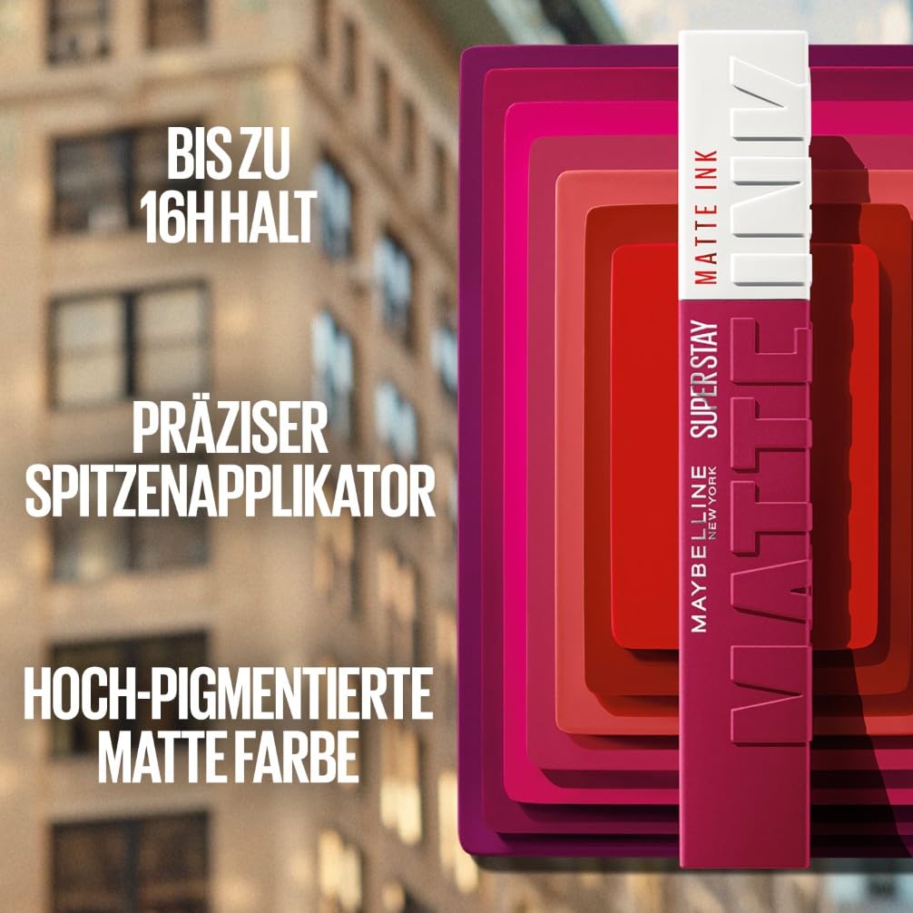 Detalle 2 de Maybelline New York Super Stay Matte Ink Lippenstift flüssig 16H, matt & transferresistent (Nuance 15 Lover) – 5 ml