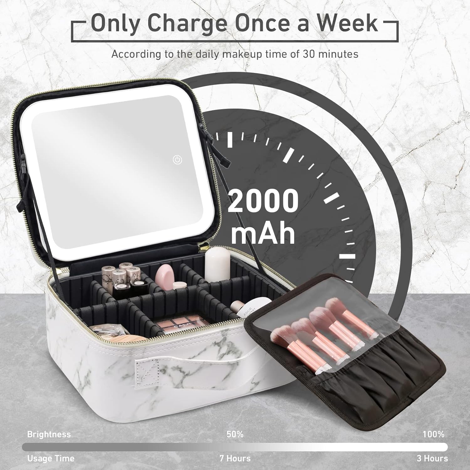 Thumbnail 2 de Travel Makeup Bag with Mirror and Lights (Marble) – Lighted Mirror, Adjustable Dividers & Brushes Holder