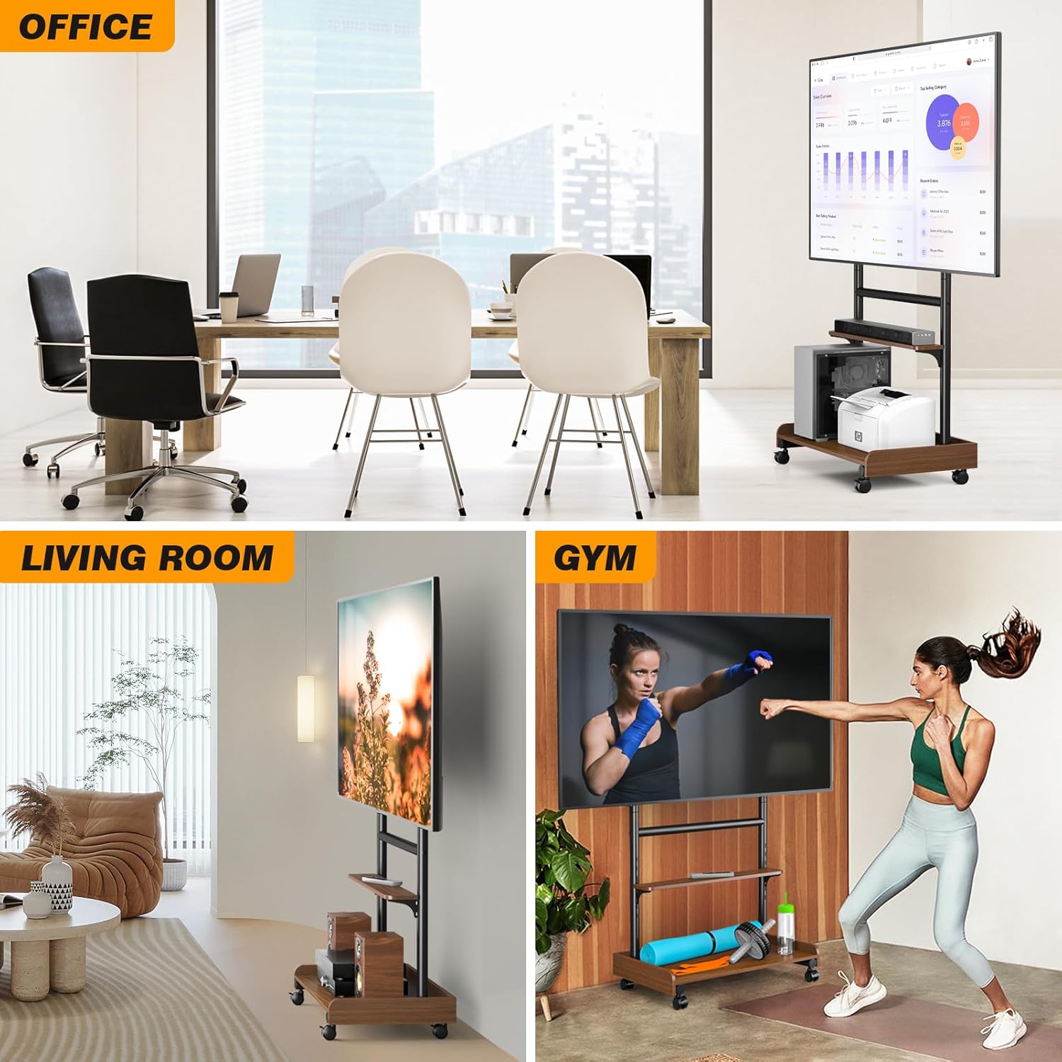 Thumbnail 1 de TVON Support TV sur pied roulant réglable (40 à 86 pouces) avec étagère et base en bois