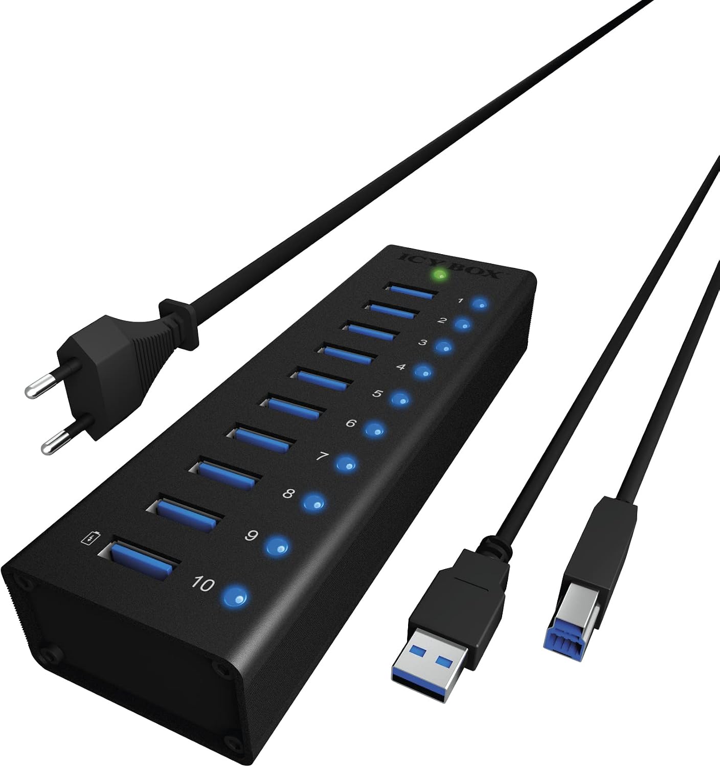 Detalle de ICY BOX IB-AC6110 10-fach USB-3.0-Hub mit Netzteil (12V/4A) und Ladeport, Voll-Aluminium in Schwarz