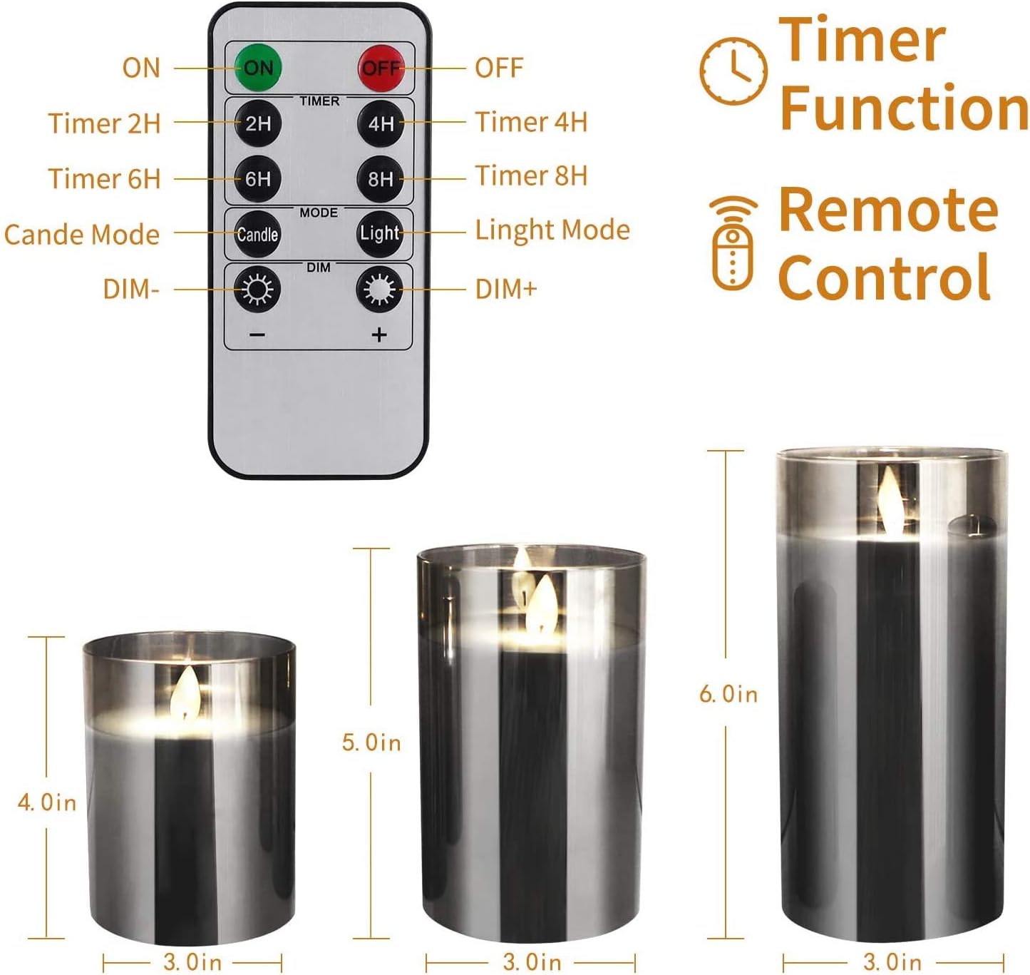 Detalle de YMing flameless LED candles set (4"/5"/6") with remote and timer – real-wax style, gold glass pillars